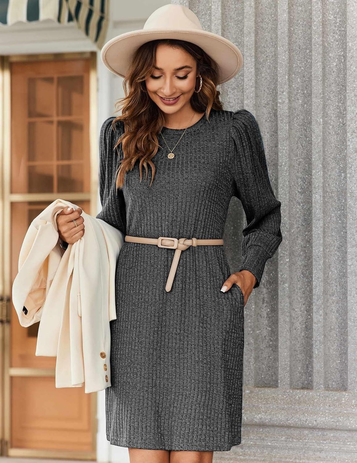 imageZeagoo Womens Knit Dress with Puff Sleeves for Fall amp Winter Round Neck Casual Tunic DressDark Grey