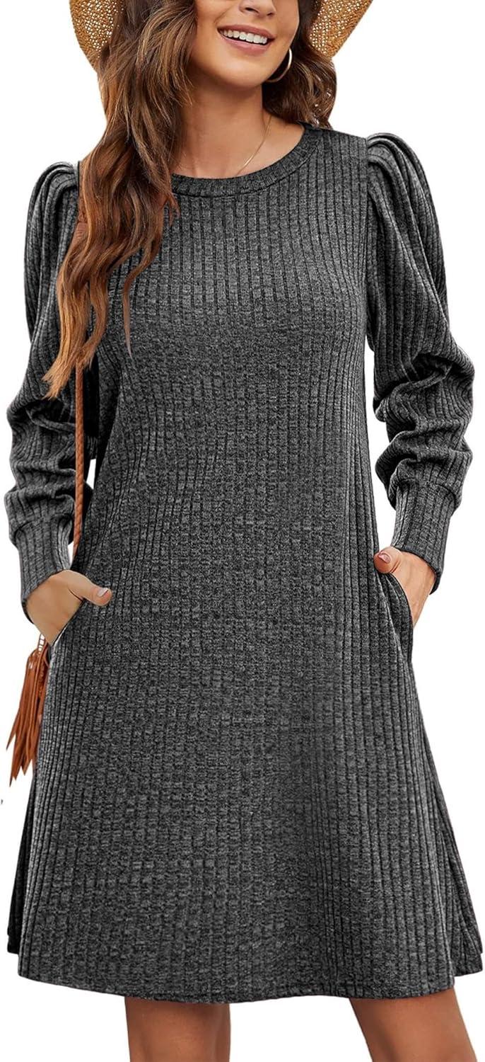 imageZeagoo Womens Knit Dress with Puff Sleeves for Fall amp Winter Round Neck Casual Tunic DressDark Grey