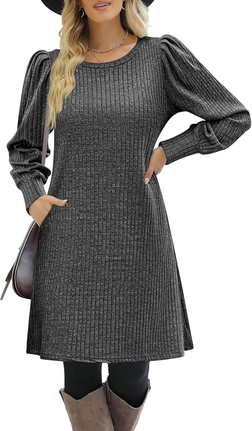 imageZeagoo Womens Knit Dress with Puff Sleeves for Fall amp Winter Round Neck Casual Tunic DressDark Grey