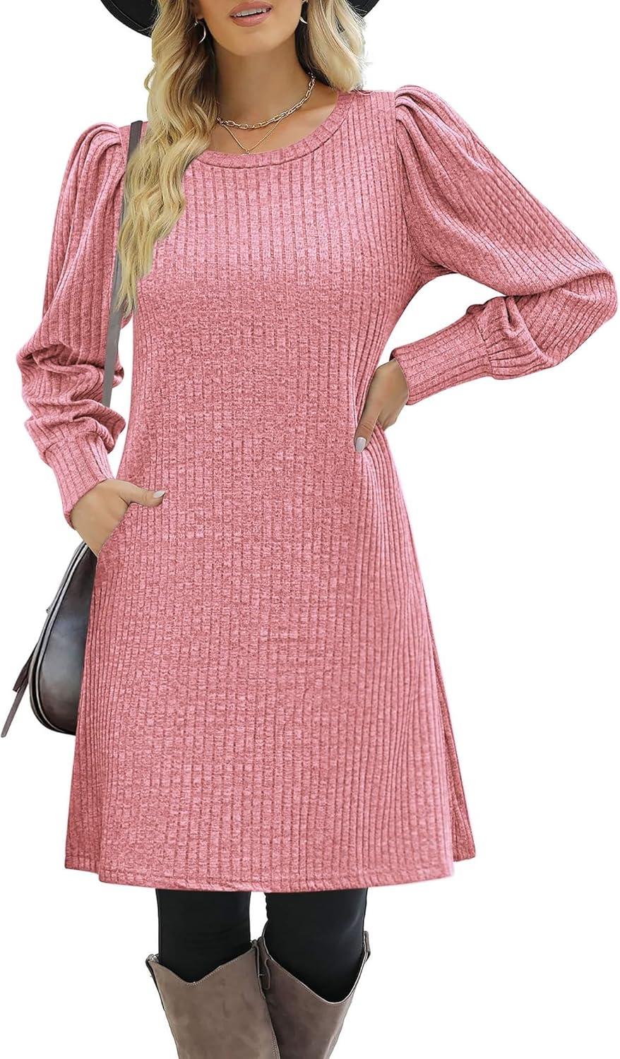 imageZeagoo Womens Knit Dress with Puff Sleeves for Fall amp Winter Round Neck Casual Tunic DressLight Pink