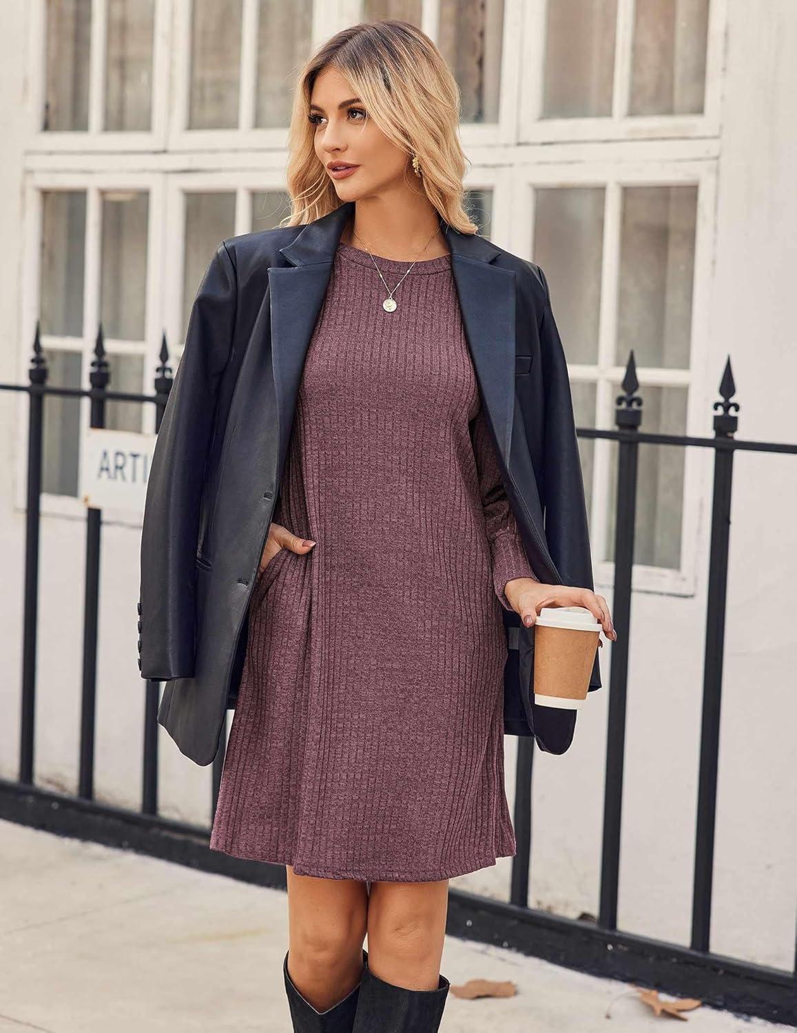 imageZeagoo Womens Knit Dress with Puff Sleeves for Fall amp Winter Round Neck Casual Tunic DressMauve