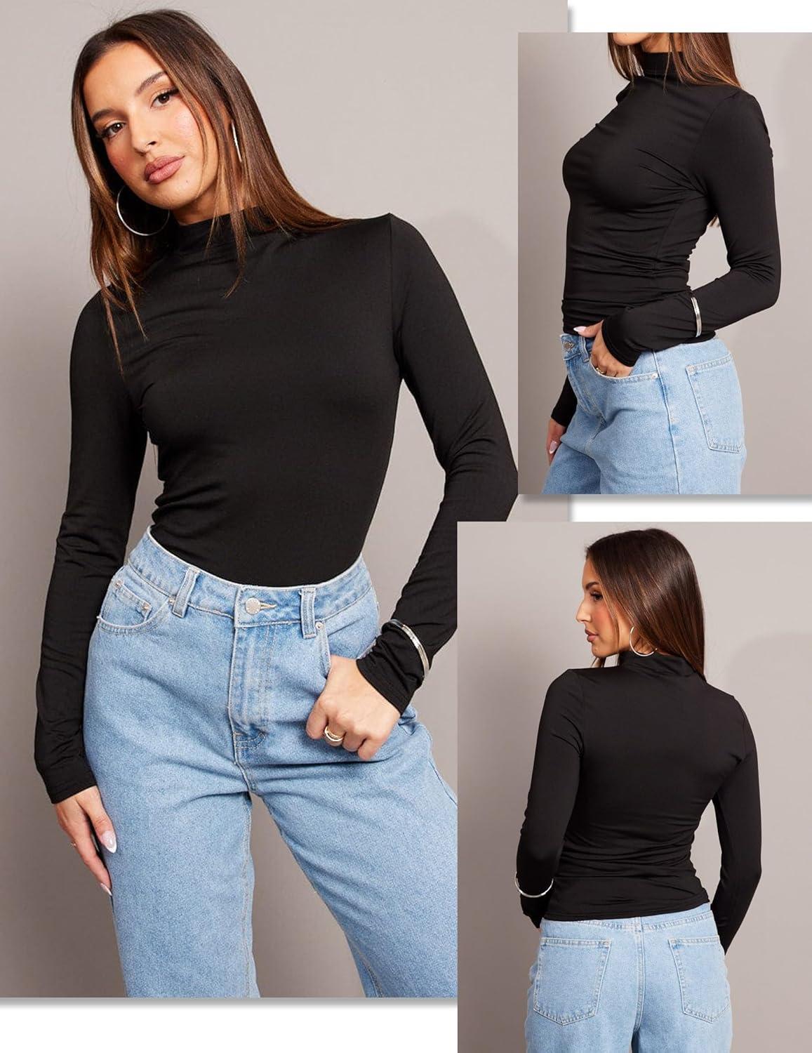 imageZeagoo Womens Long Sleeve Shirts Mock Neck Basic Slim Fitted Tops Lightweight Stretch Base Layer TShirtBlack
