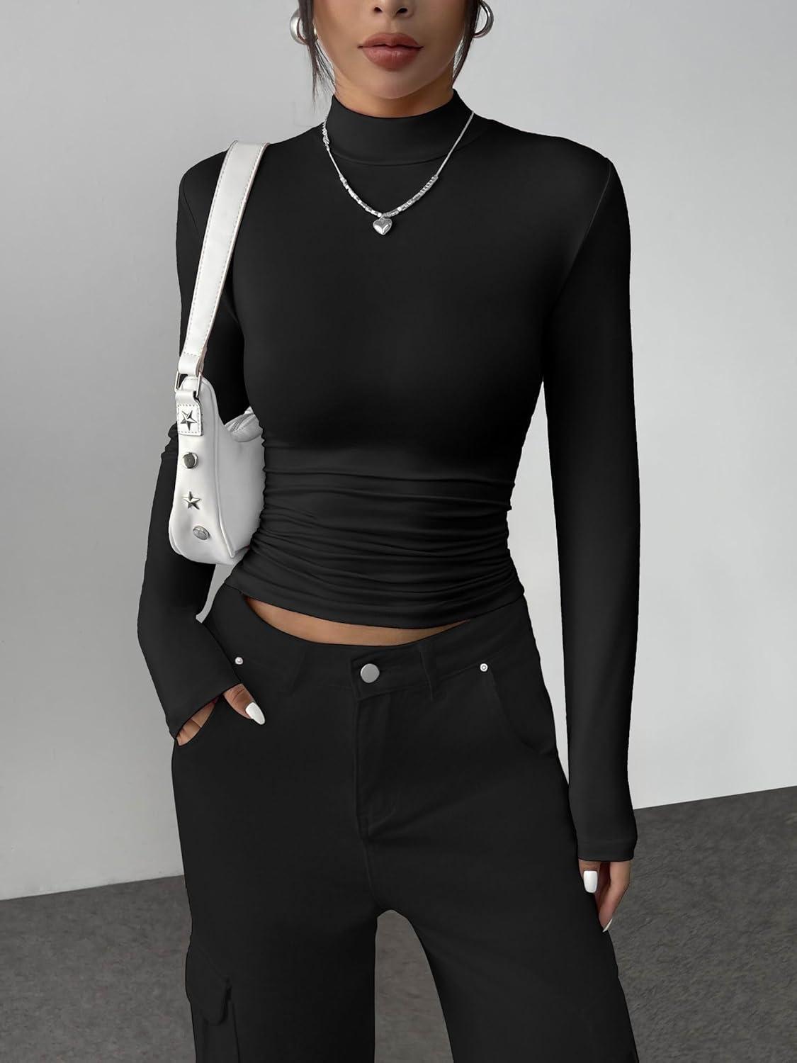 imageZeagoo Womens Long Sleeve Shirts Mock Neck Basic Slim Fitted Tops Lightweight Stretch Base Layer TShirtBlack