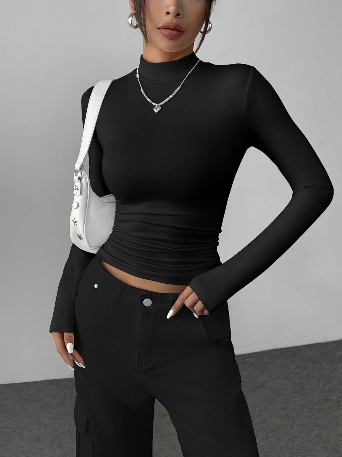 imageZeagoo Womens Long Sleeve Shirts Mock Neck Basic Slim Fitted Tops Lightweight Stretch Base Layer TShirtBlack