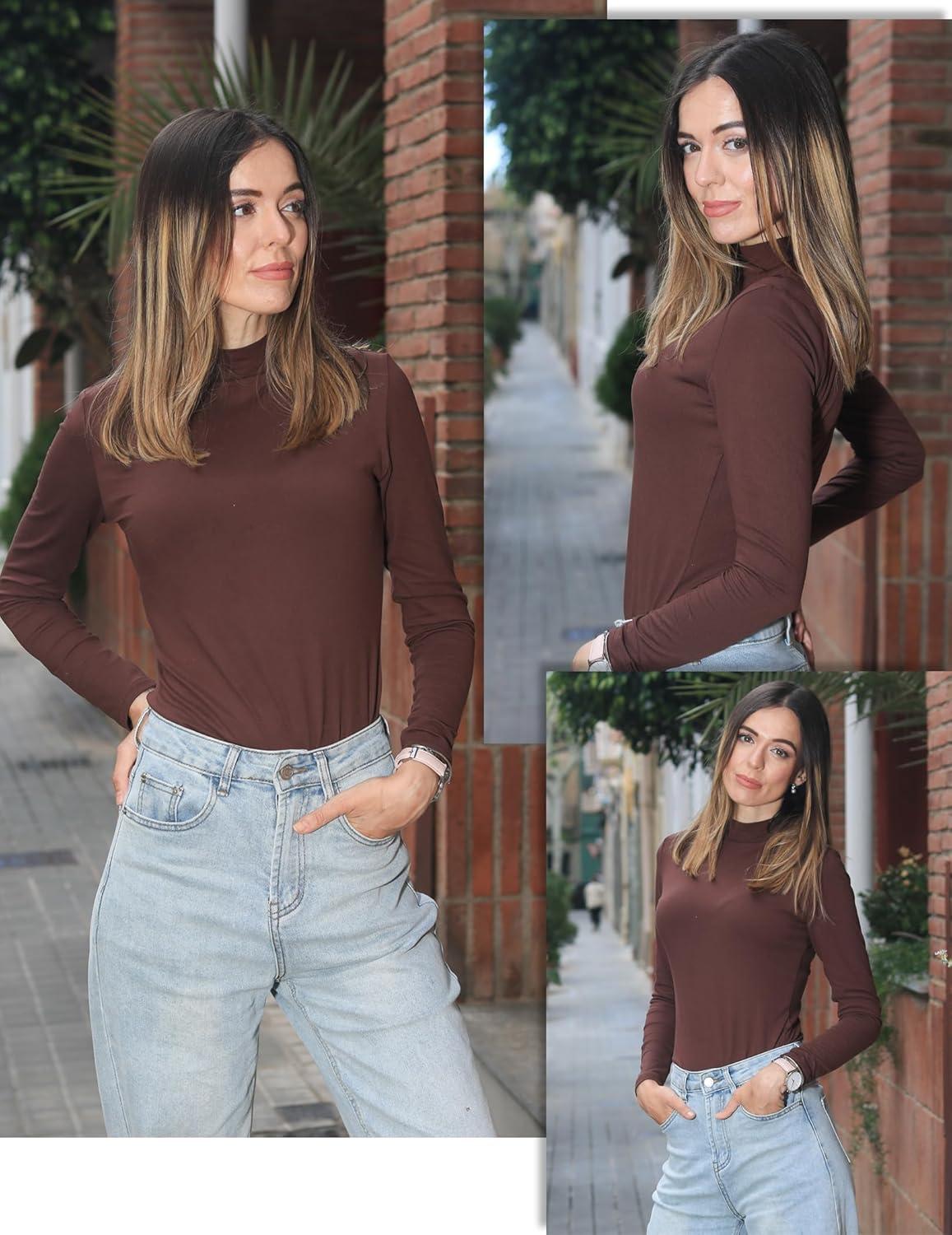 imageZeagoo Womens Long Sleeve Shirts Mock Neck Basic Slim Fitted Tops Lightweight Stretch Base Layer TShirtBrown