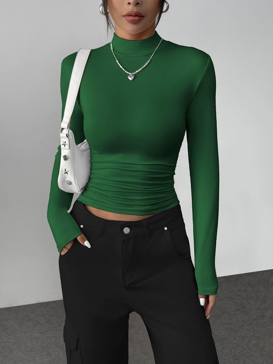 imageZeagoo Womens Long Sleeve Shirts Mock Neck Basic Slim Fitted Tops Lightweight Stretch Base Layer TShirtGreen