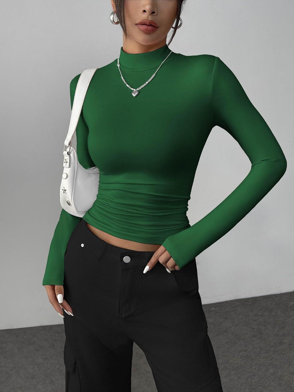 imageZeagoo Womens Long Sleeve Shirts Mock Neck Basic Slim Fitted Tops Lightweight Stretch Base Layer TShirtGreen