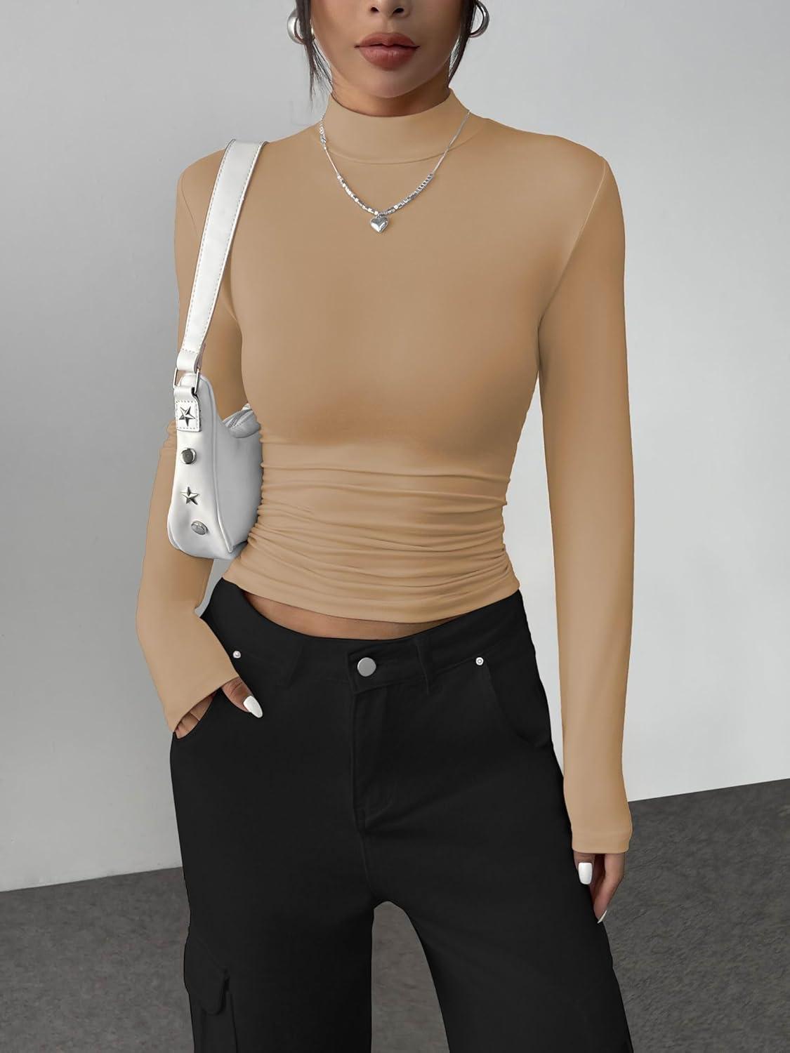 imageZeagoo Womens Long Sleeve Shirts Mock Neck Basic Slim Fitted Tops Lightweight Stretch Base Layer TShirtKhaki