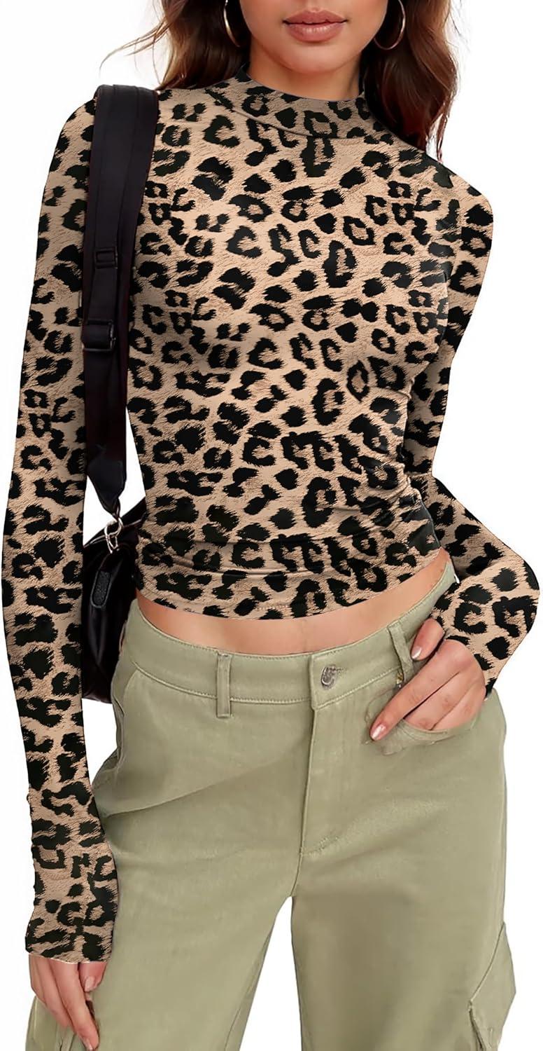 imageZeagoo Womens Long Sleeve Shirts Mock Neck Basic Slim Fitted Tops Lightweight Stretch Base Layer TShirtLeopard