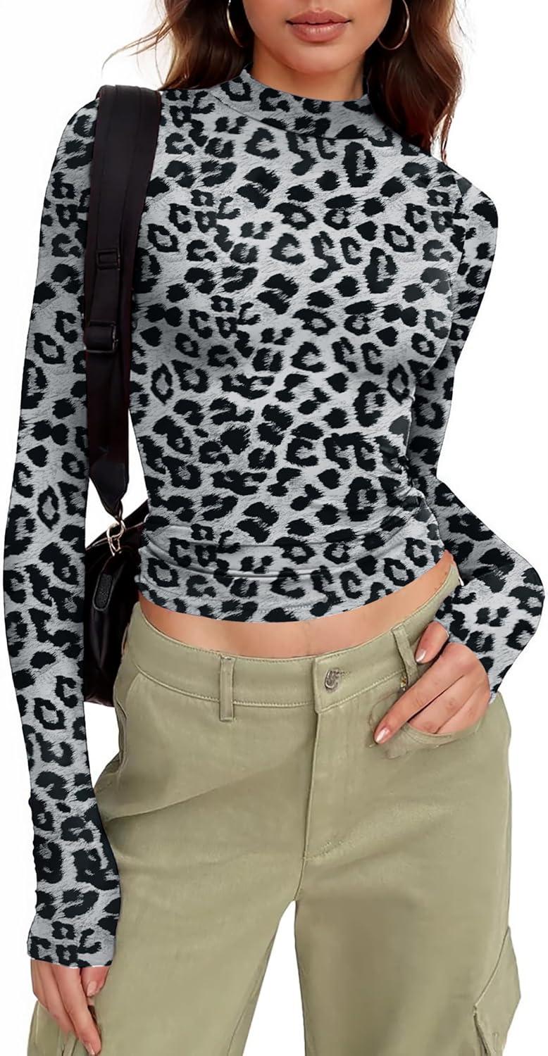 imageZeagoo Womens Long Sleeve Shirts Mock Neck Basic Slim Fitted Tops Lightweight Stretch Base Layer TShirtLeopard Grey