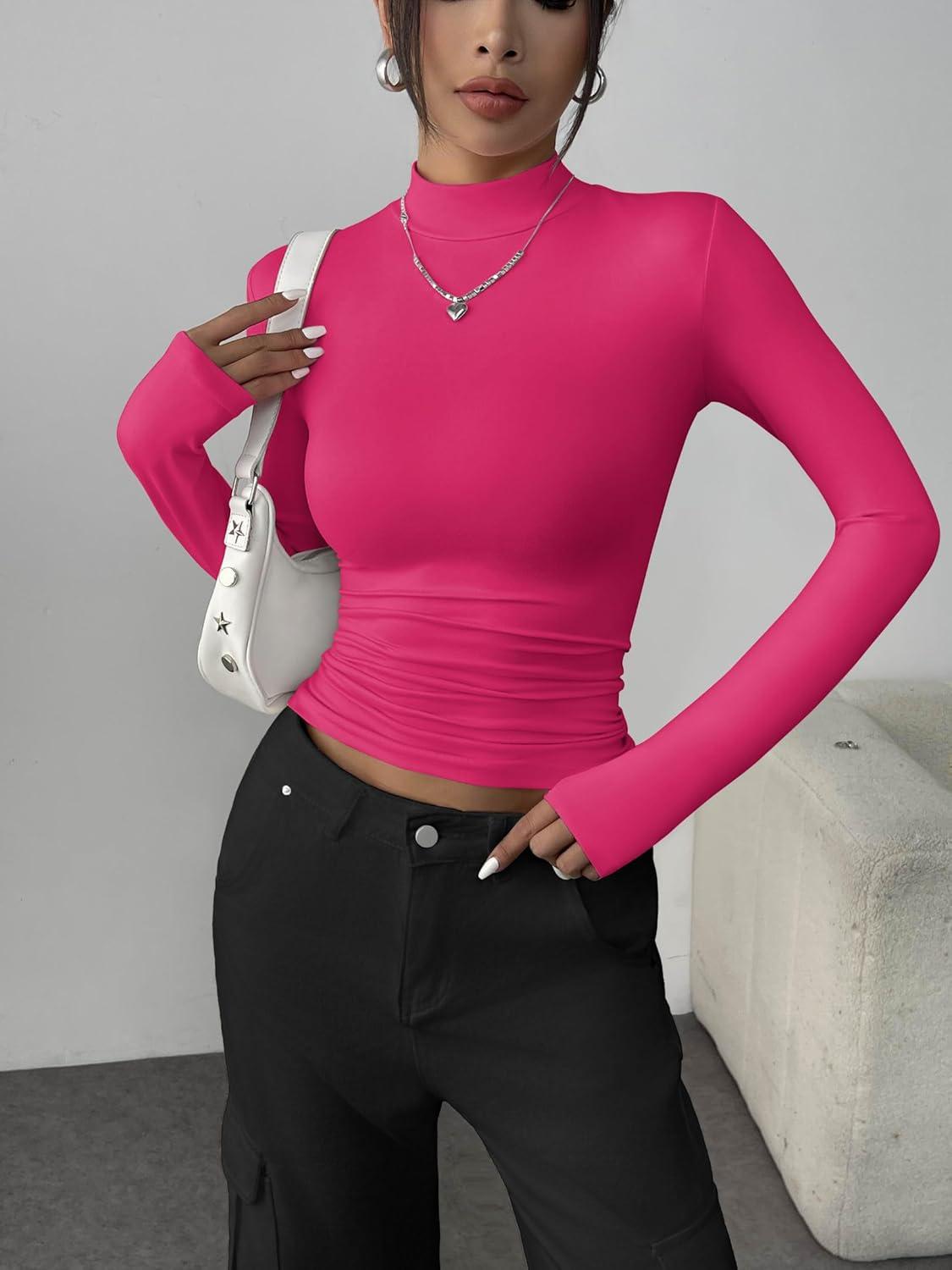 imageZeagoo Womens Long Sleeve Shirts Mock Neck Basic Slim Fitted Tops Lightweight Stretch Base Layer TShirtRose Pink