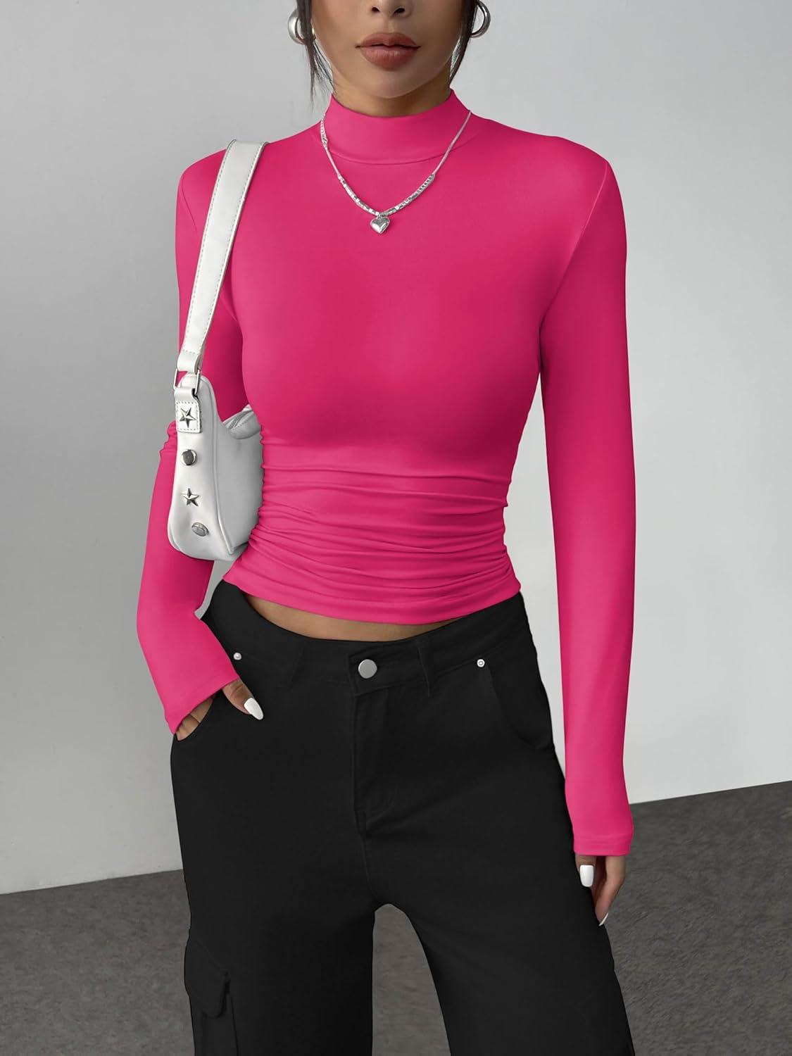 imageZeagoo Womens Long Sleeve Shirts Mock Neck Basic Slim Fitted Tops Lightweight Stretch Base Layer TShirtRose Pink