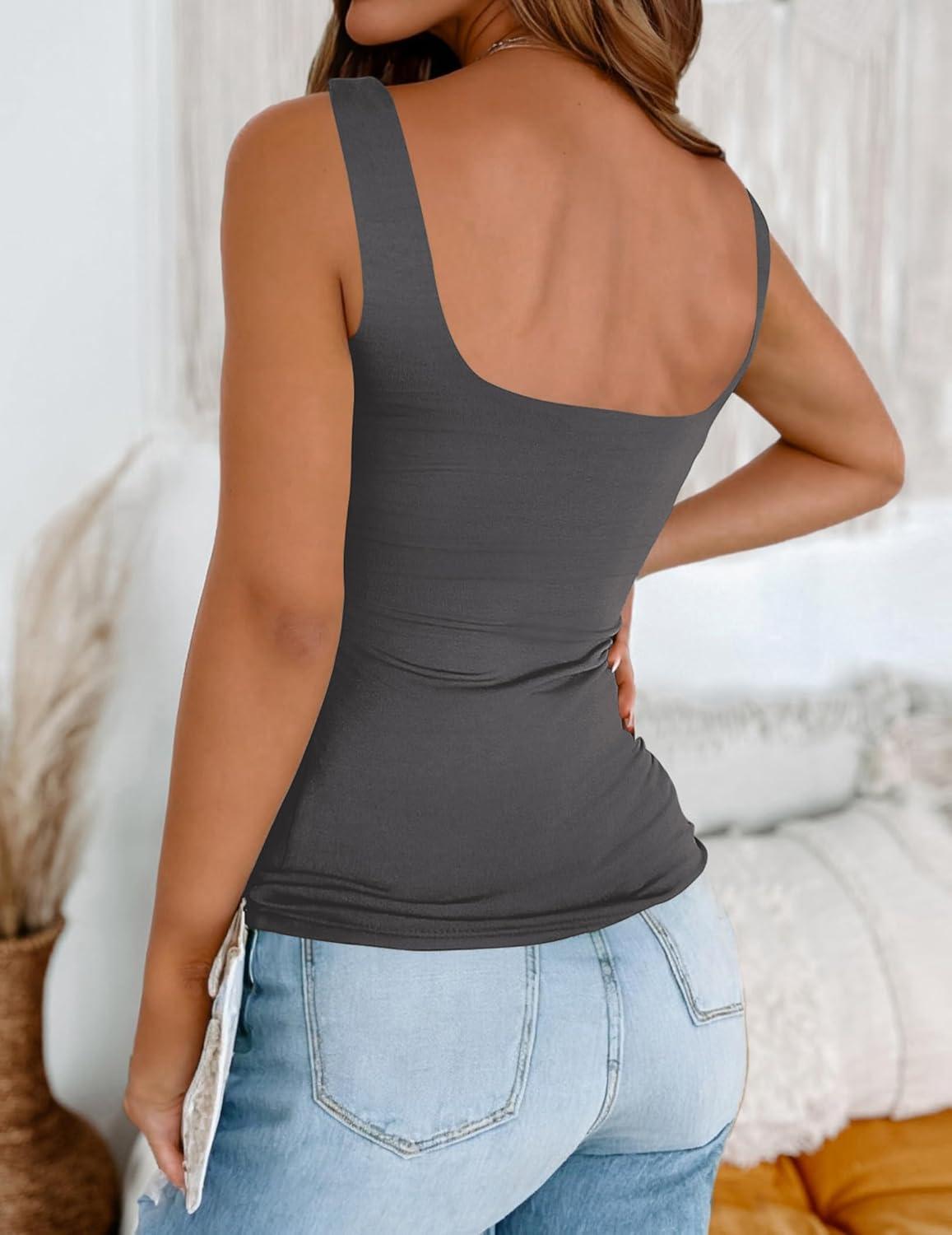 imageZeagoo Womens Square Neck Double Lined Tank Tops Cute Summer Tops Slim Fit Basic Sleeveless ShirtsDark Grey