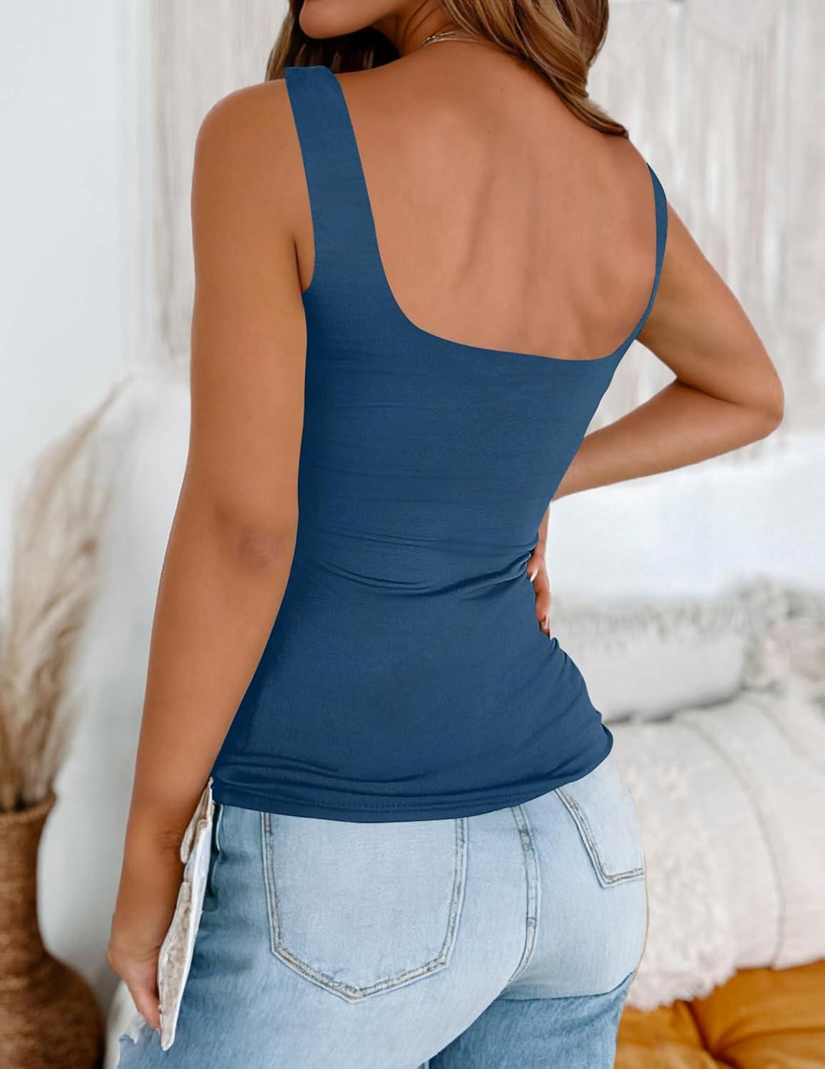 imageZeagoo Womens Square Neck Double Lined Tank Tops Cute Summer Tops Slim Fit Basic Sleeveless ShirtsDeep Blue