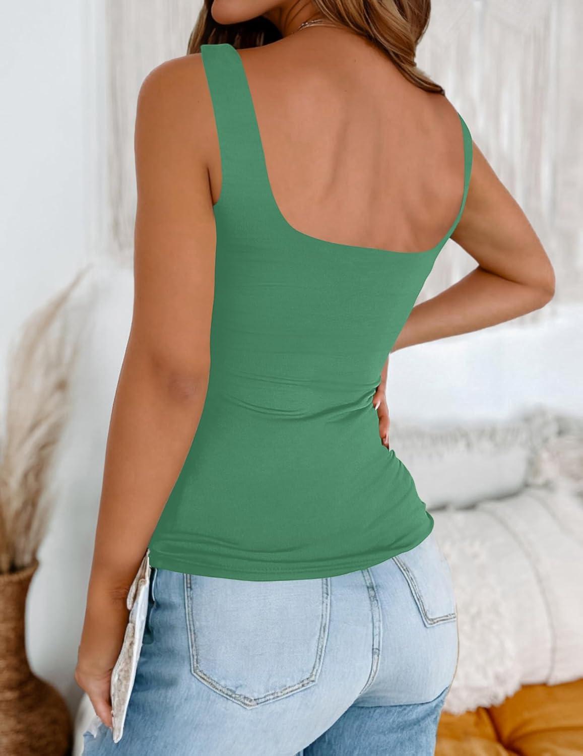 imageZeagoo Womens Square Neck Double Lined Tank Tops Cute Summer Tops Slim Fit Basic Sleeveless ShirtsGreen