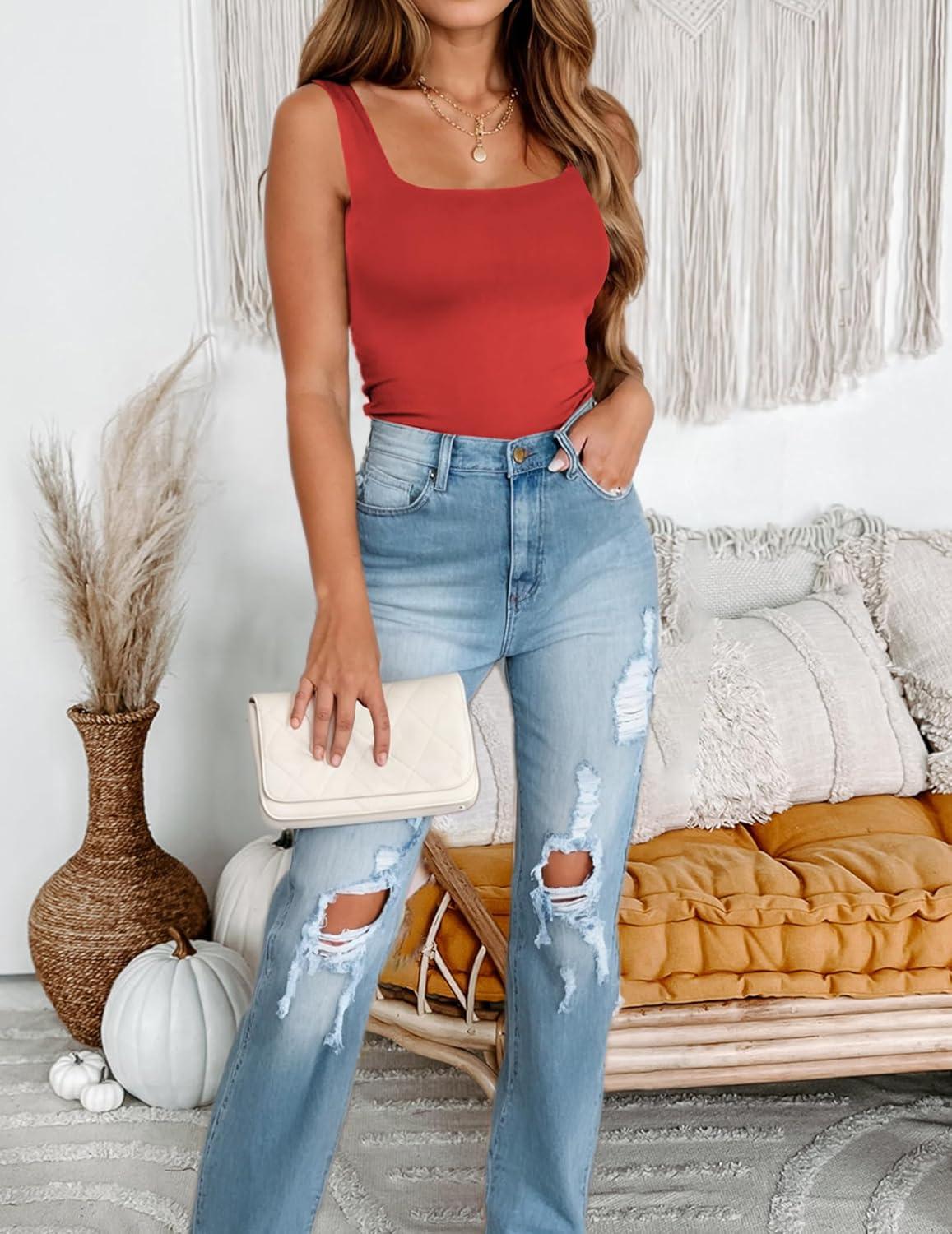 imageZeagoo Womens Square Neck Double Lined Tank Tops Cute Summer Tops Slim Fit Basic Sleeveless ShirtsRed