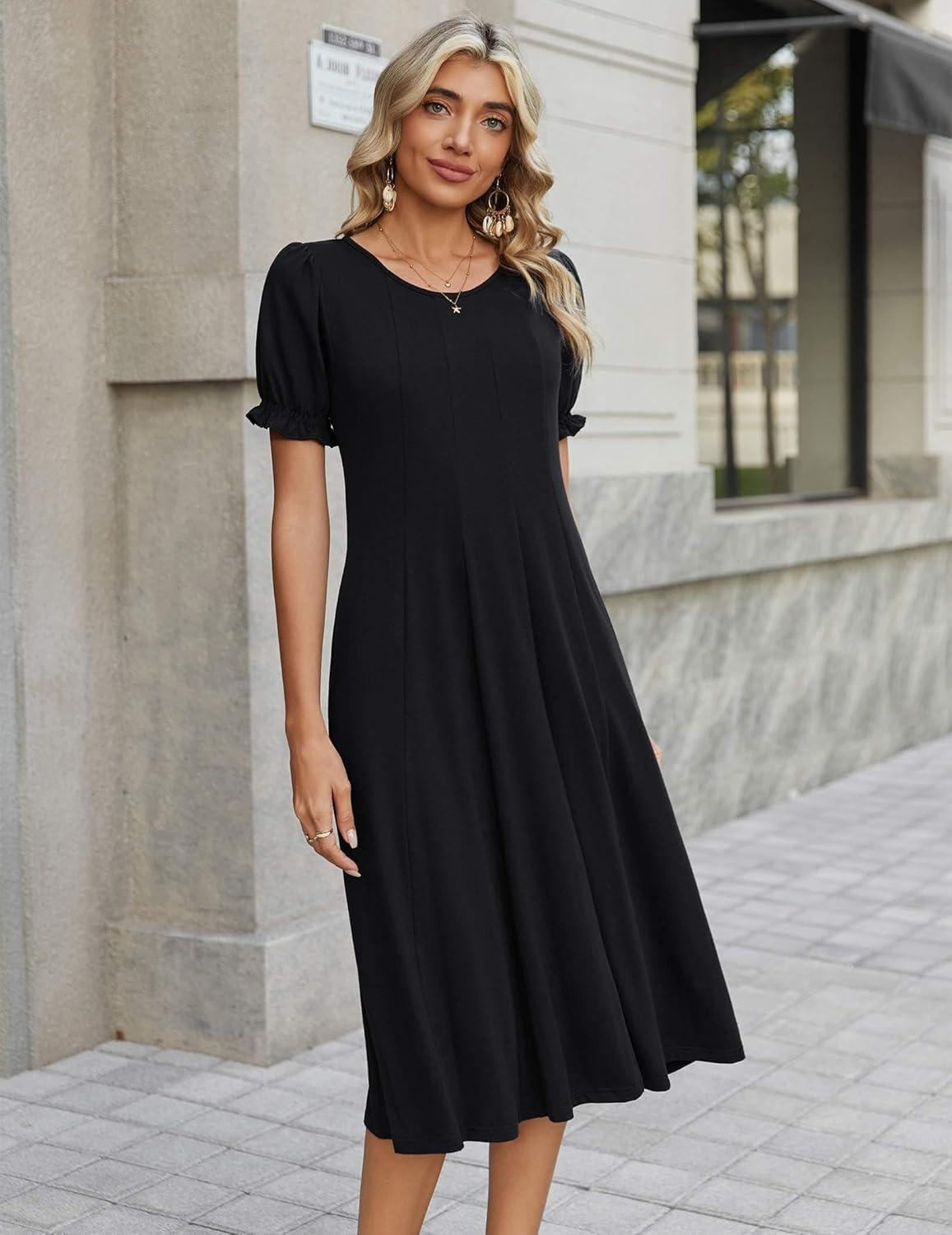 imageZeagoo Womens Summer Dress Casual Midi Dresses 2026 Short Puff Sleeve Flare Dress Pleated Flowy Sundress with PocketsAblack