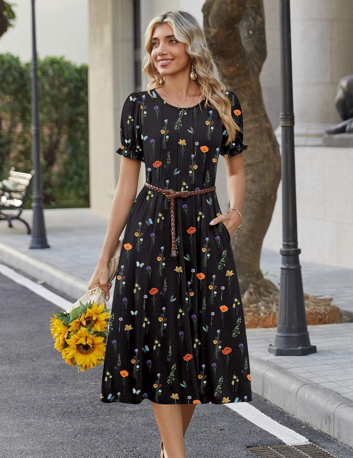 imageZeagoo Womens Summer Dress Casual Midi Dresses 2026 Short Puff Sleeve Flare Dress Pleated Flowy Sundress with PocketsBlack Floral 01