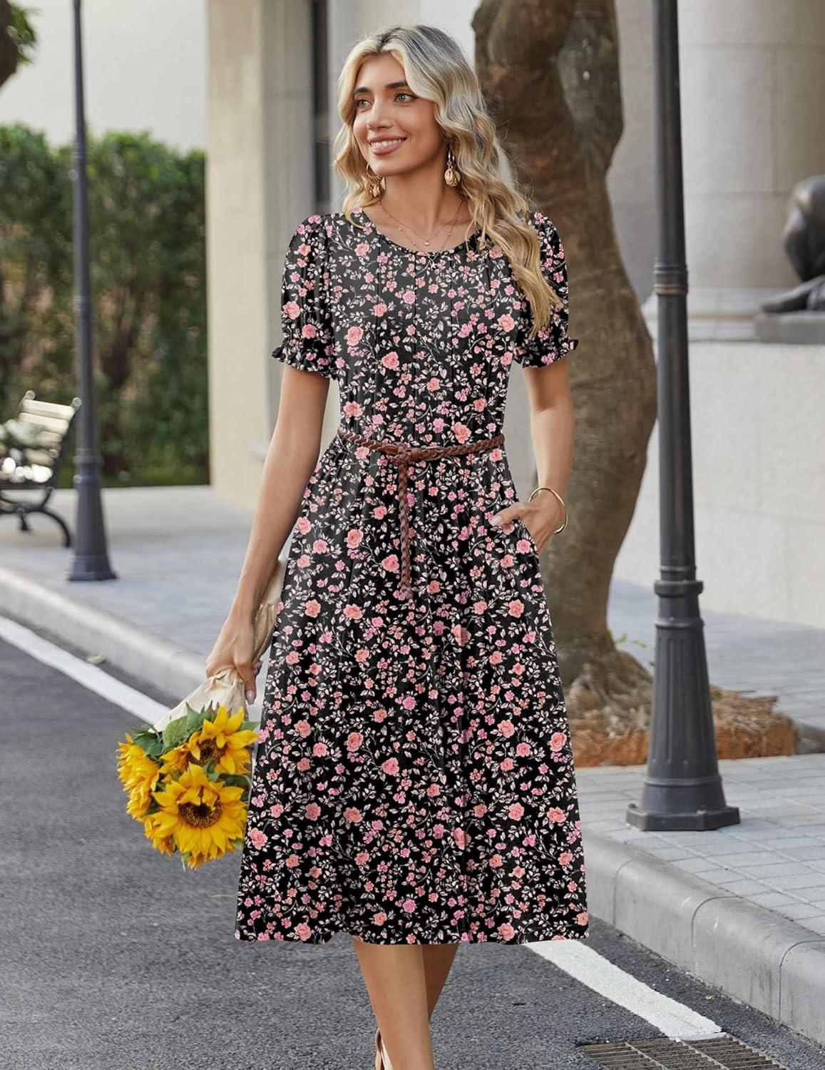 imageZeagoo Womens Summer Dress Casual Midi Dresses 2026 Short Puff Sleeve Flare Dress Pleated Flowy Sundress with PocketsBlack Floral 02