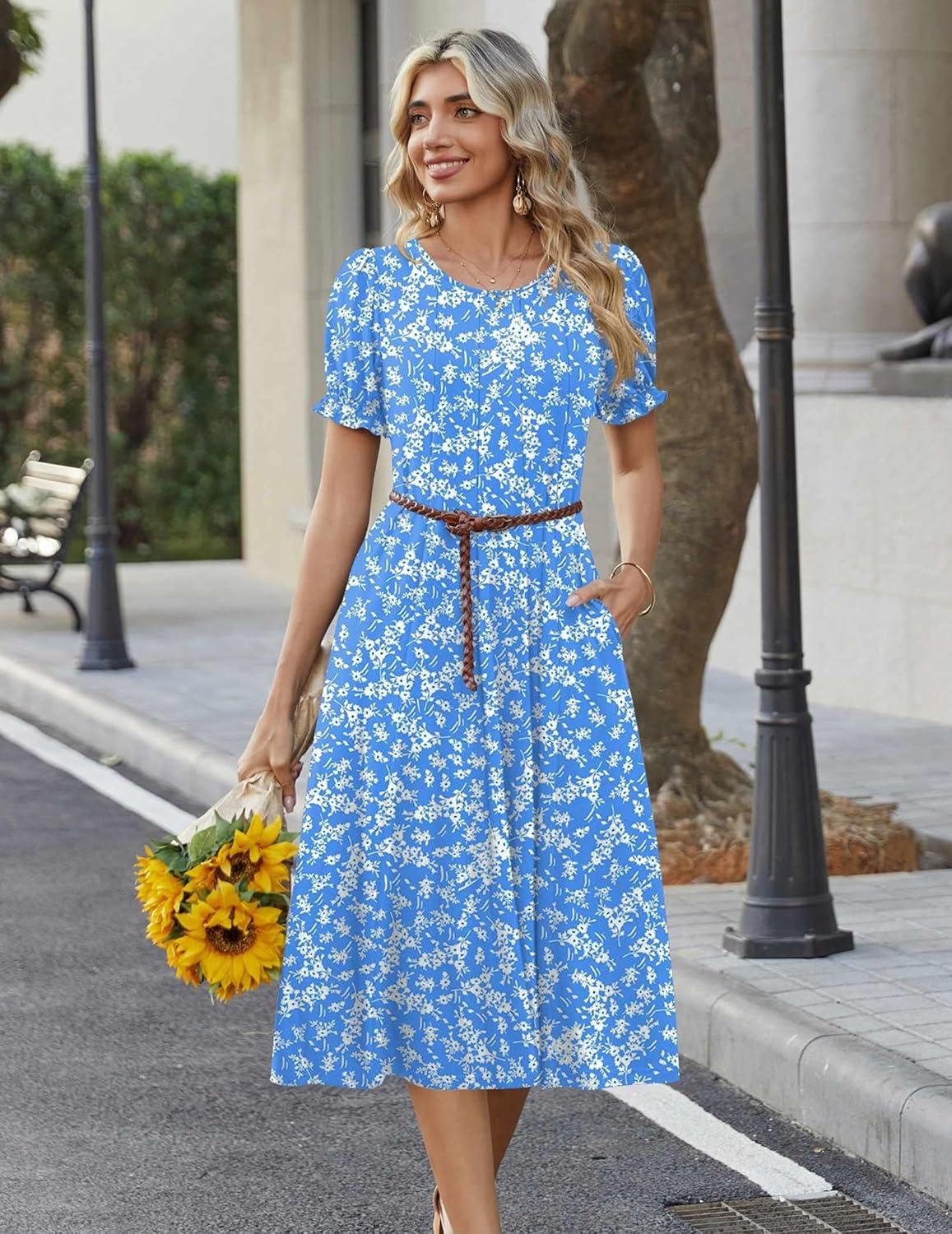 imageZeagoo Womens Summer Dress Casual Midi Dresses 2026 Short Puff Sleeve Flare Dress Pleated Flowy Sundress with PocketsBlue Floral 01