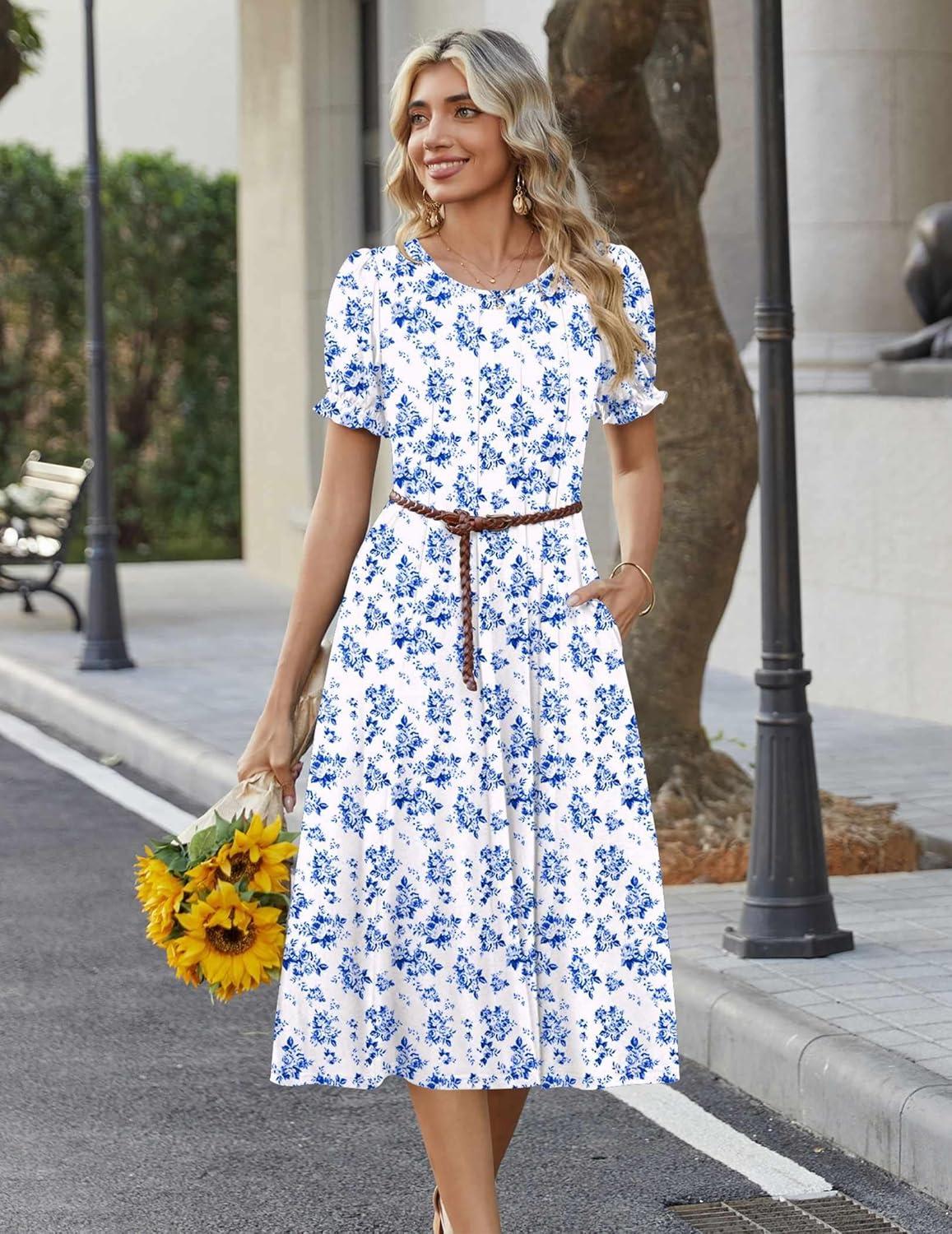 imageZeagoo Womens Summer Dress Casual Midi Dresses 2026 Short Puff Sleeve Flare Dress Pleated Flowy Sundress with PocketsBlue Floral 02