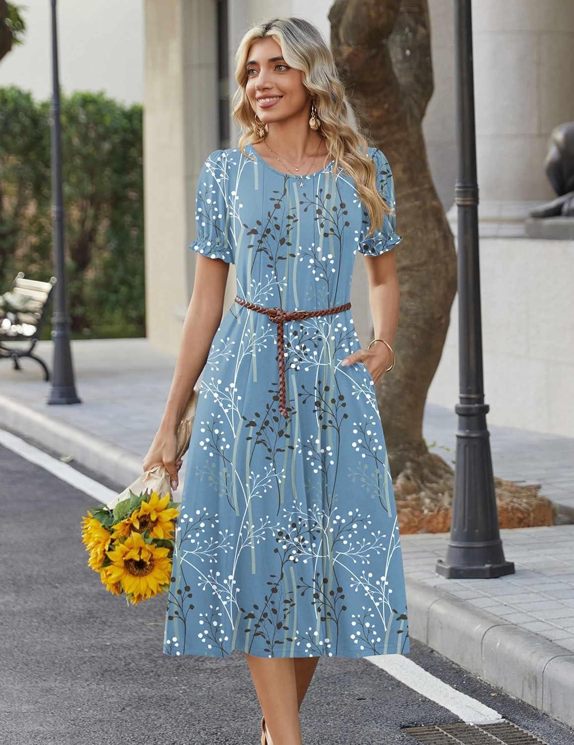 imageZeagoo Womens Summer Dress Casual Midi Dresses 2026 Short Puff Sleeve Flare Dress Pleated Flowy Sundress with PocketsBlue Floral 03