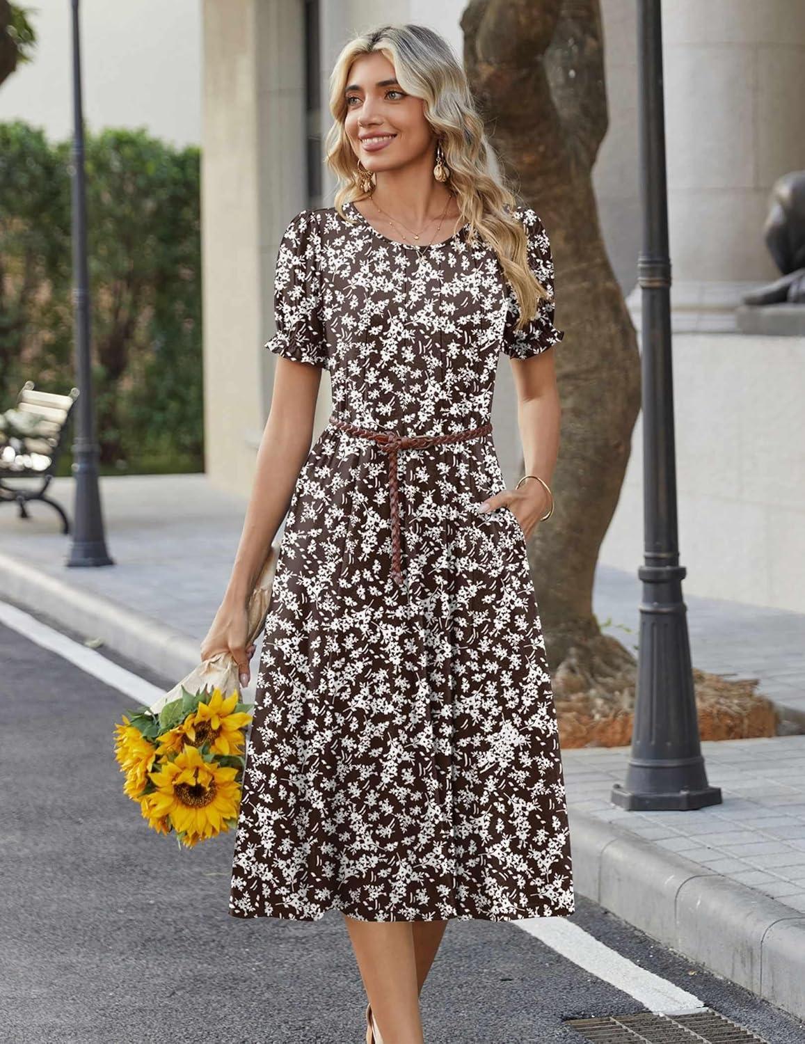 imageZeagoo Womens Summer Dress Casual Midi Dresses 2026 Short Puff Sleeve Flare Dress Pleated Flowy Sundress with PocketsBrown Floral 01
