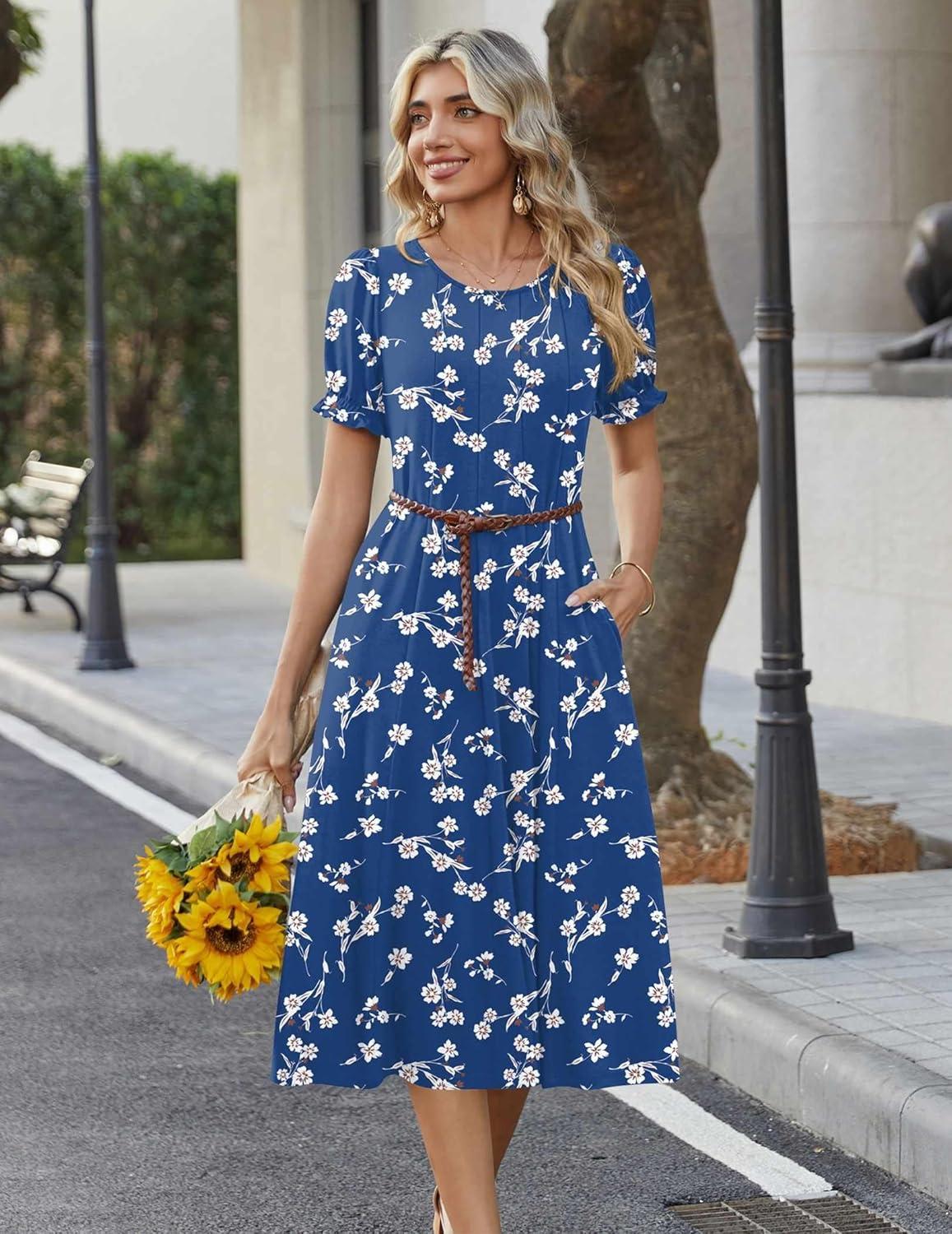 imageZeagoo Womens Summer Dress Casual Midi Dresses 2026 Short Puff Sleeve Flare Dress Pleated Flowy Sundress with PocketsDeep Blue Floral