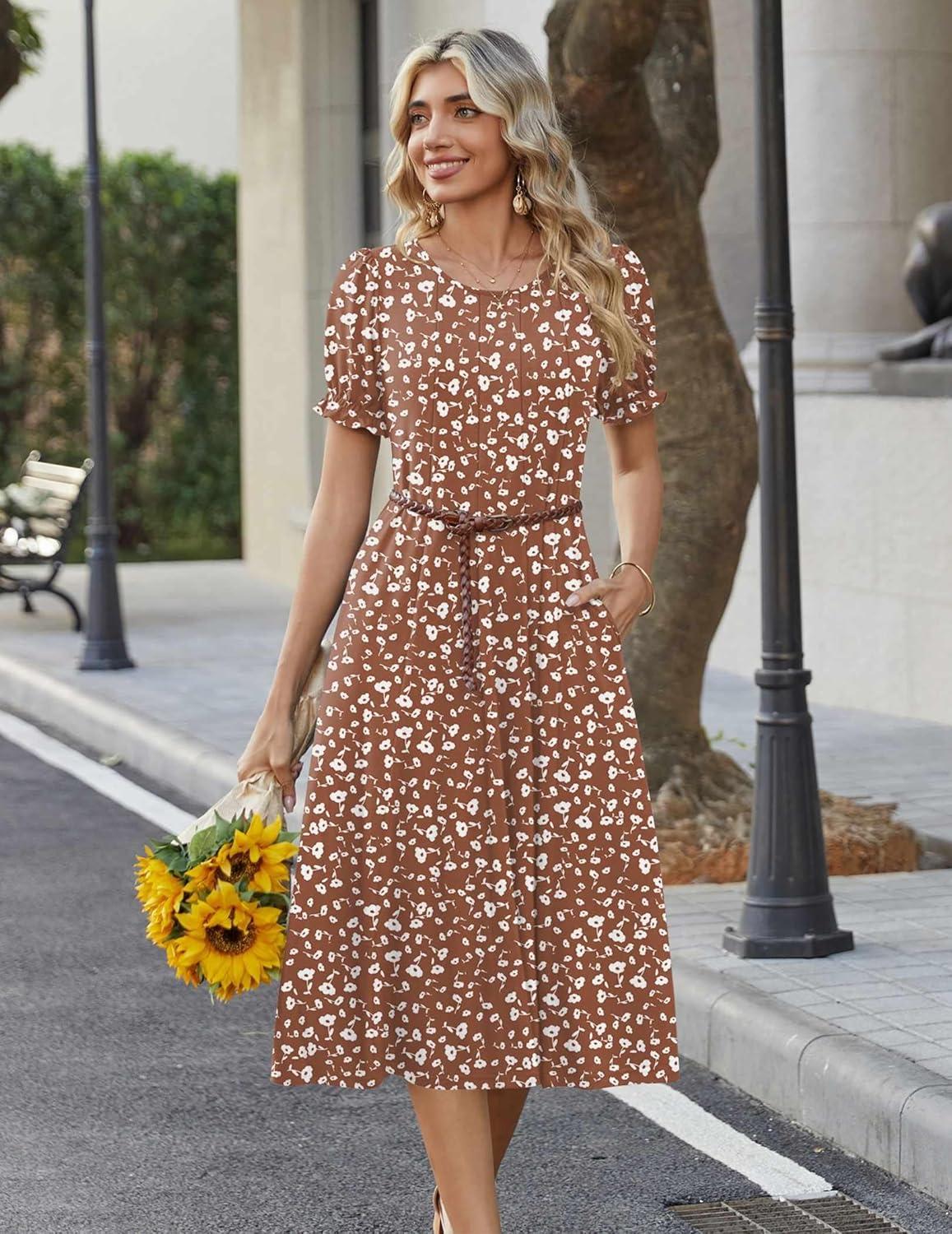 imageZeagoo Womens Summer Dress Casual Midi Dresses 2026 Short Puff Sleeve Flare Dress Pleated Flowy Sundress with PocketsDusty Brown Printed