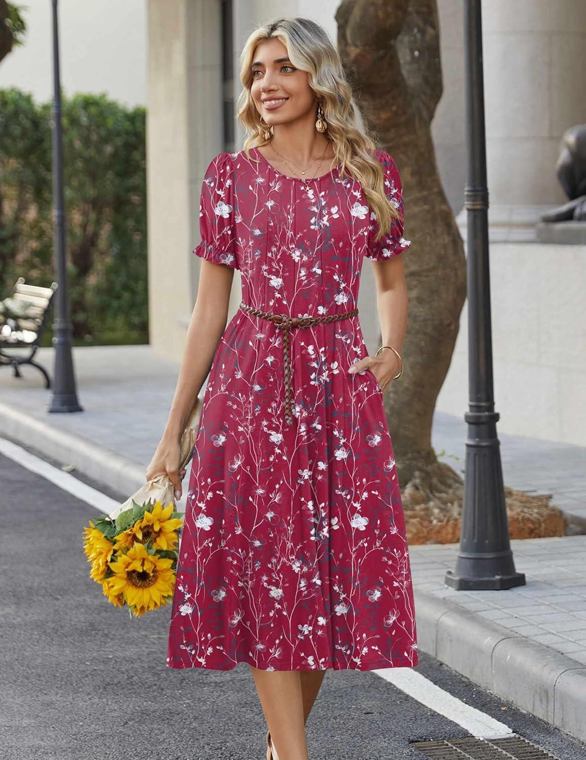 imageZeagoo Womens Summer Dress Casual Midi Dresses 2026 Short Puff Sleeve Flare Dress Pleated Flowy Sundress with PocketsDusty Red Floral
