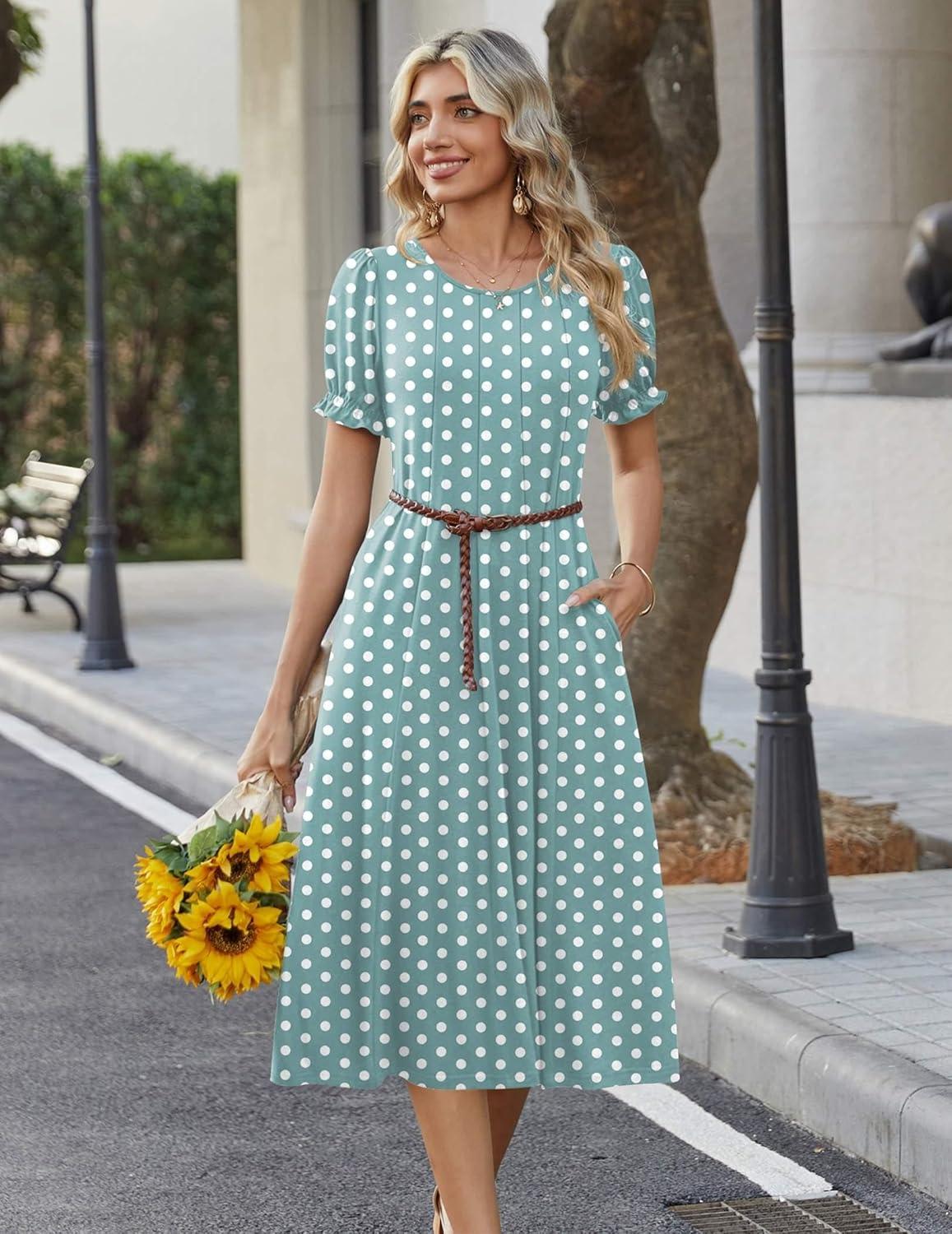imageZeagoo Womens Summer Dress Casual Midi Dresses 2026 Short Puff Sleeve Flare Dress Pleated Flowy Sundress with PocketsGreen Dot