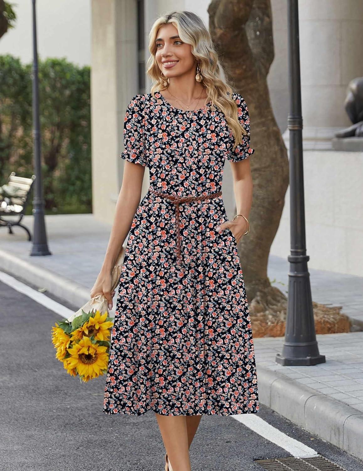 imageZeagoo Womens Summer Dress Casual Midi Dresses 2026 Short Puff Sleeve Flare Dress Pleated Flowy Sundress with PocketsMixed Black Printed