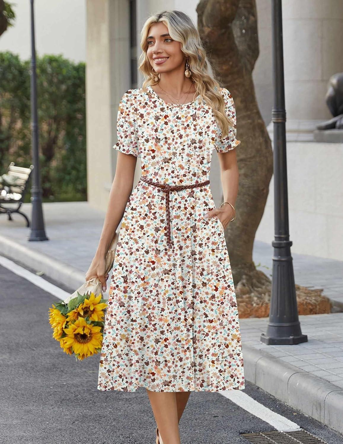 imageZeagoo Womens Summer Dress Casual Midi Dresses 2026 Short Puff Sleeve Flare Dress Pleated Flowy Sundress with PocketsMixed Brown Floral