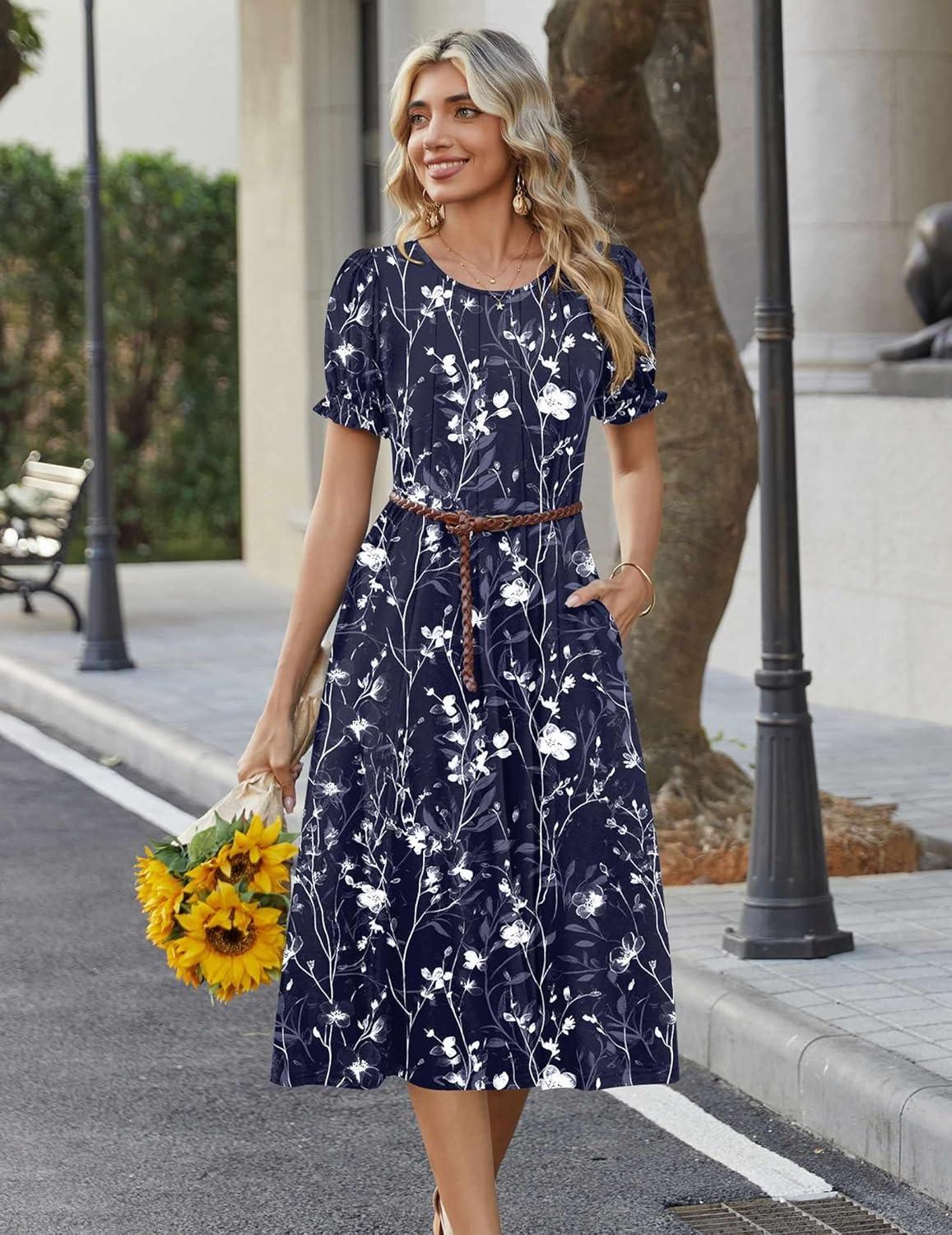 imageZeagoo Womens Summer Dress Casual Midi Dresses 2026 Short Puff Sleeve Flare Dress Pleated Flowy Sundress with PocketsNavy Floral 01