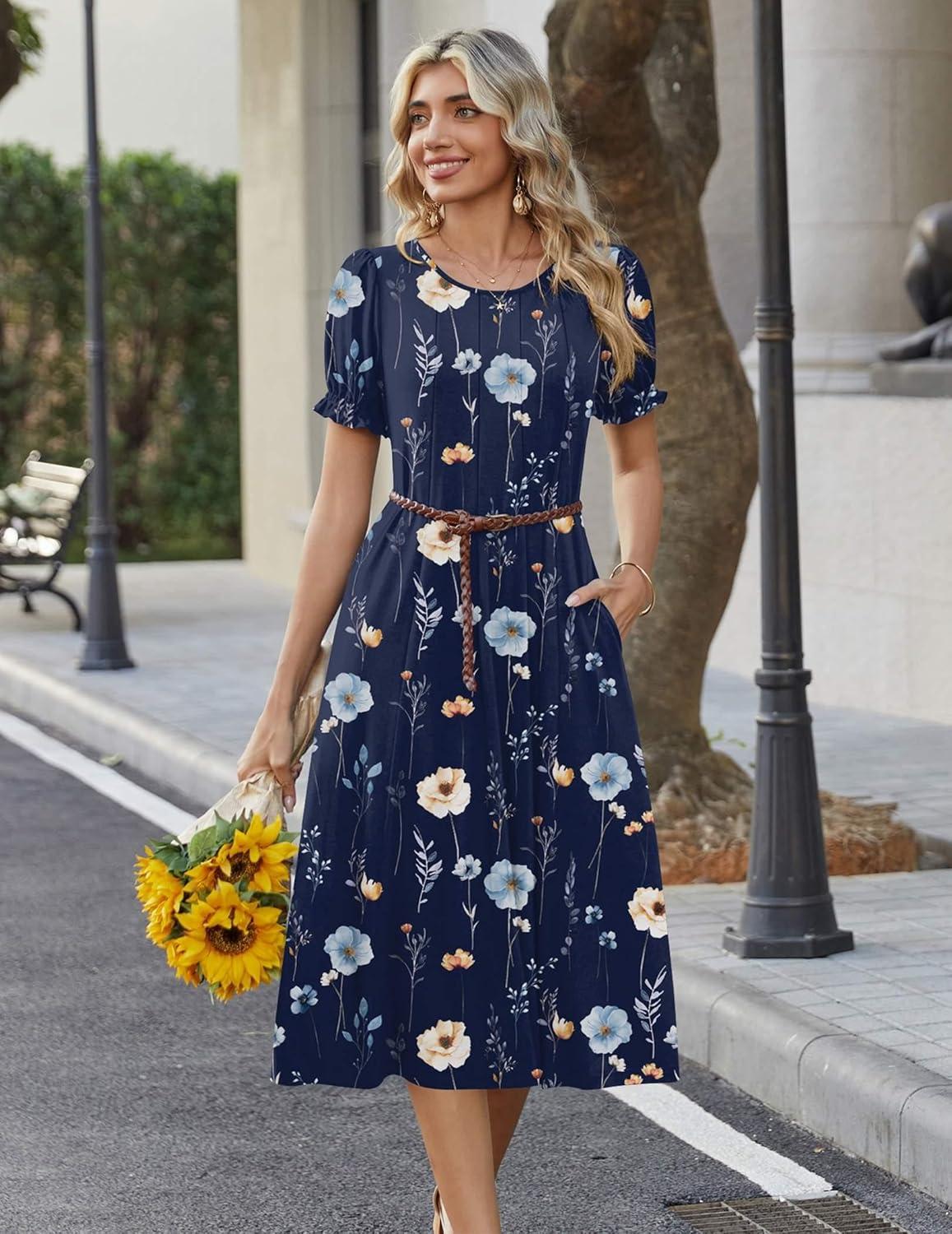 imageZeagoo Womens Summer Dress Casual Midi Dresses 2026 Short Puff Sleeve Flare Dress Pleated Flowy Sundress with PocketsNavy Floral 02