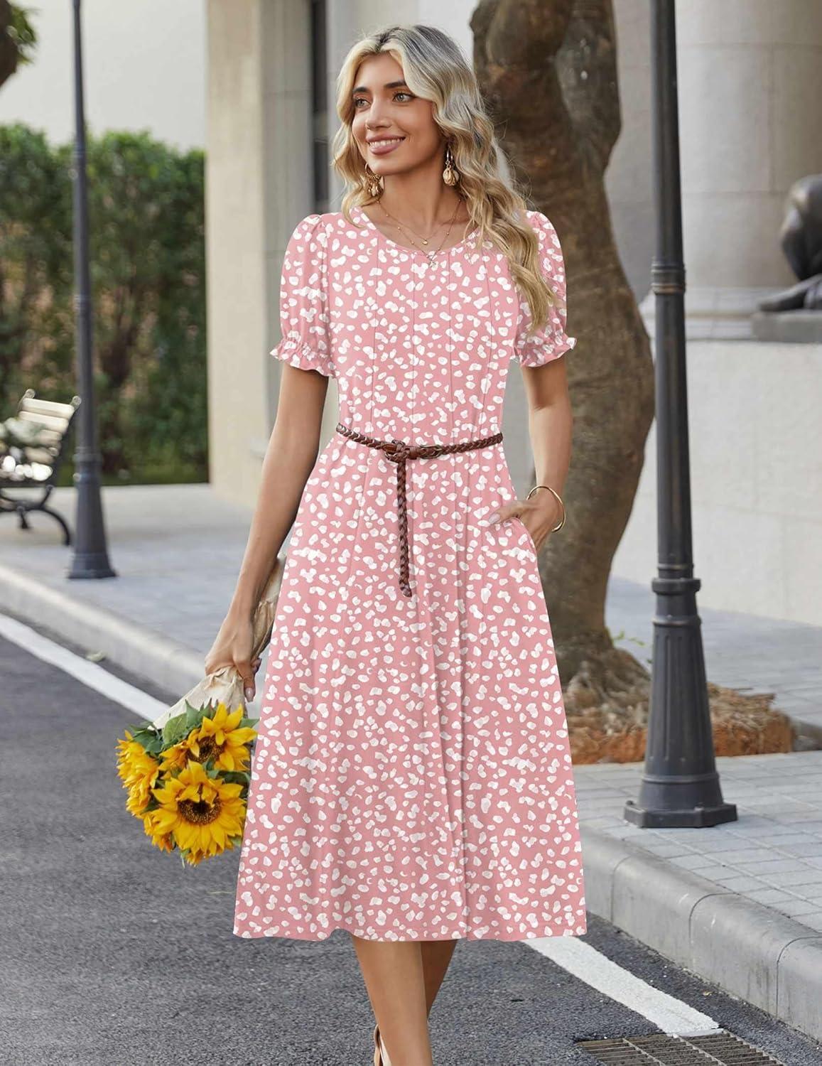 imageZeagoo Womens Summer Dress Casual Midi Dresses 2026 Short Puff Sleeve Flare Dress Pleated Flowy Sundress with PocketsPink Dot