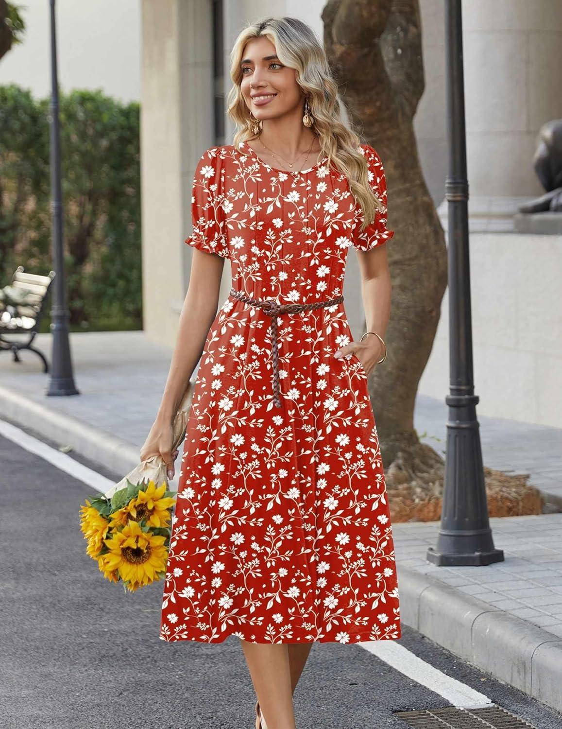 imageZeagoo Womens Summer Dress Casual Midi Dresses 2026 Short Puff Sleeve Flare Dress Pleated Flowy Sundress with PocketsRed Floral