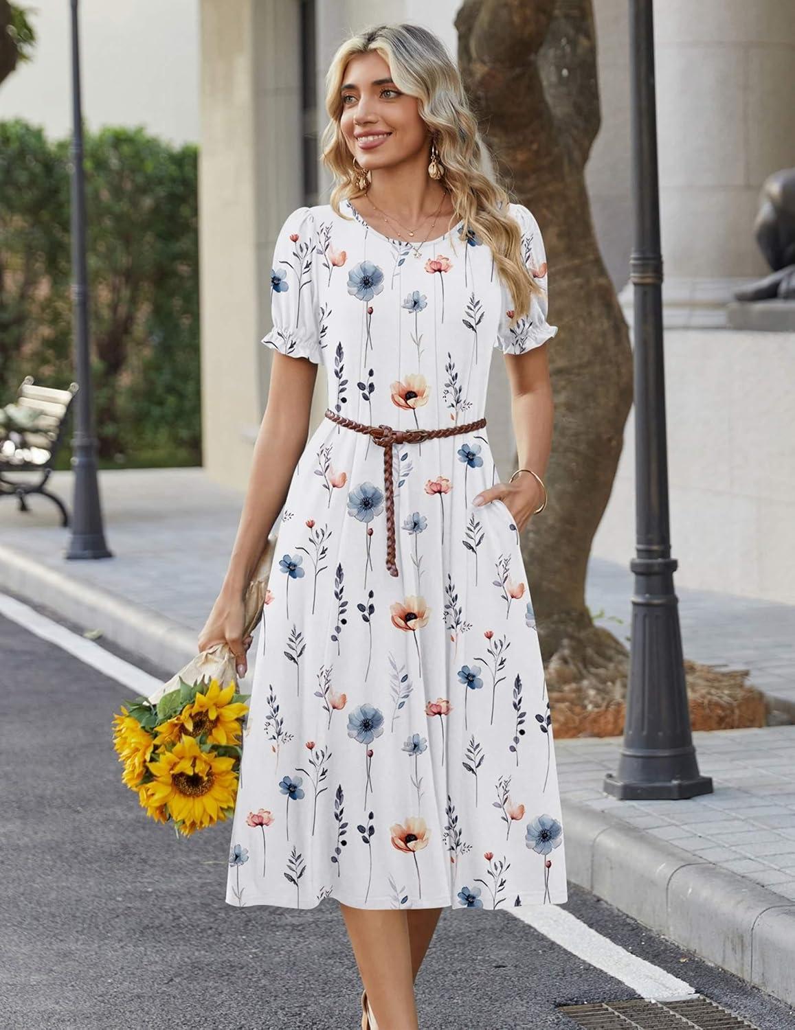 imageZeagoo Womens Summer Dress Casual Midi Dresses 2026 Short Puff Sleeve Flare Dress Pleated Flowy Sundress with PocketsWhite Floral 01