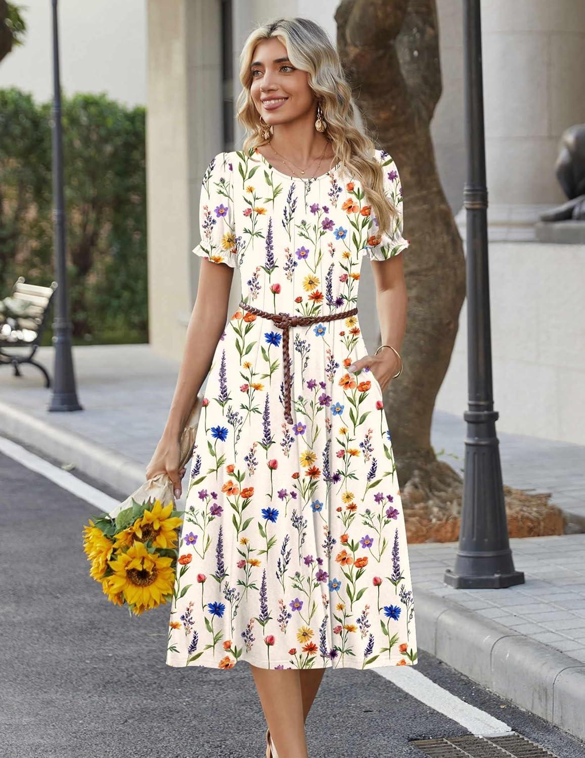 imageZeagoo Womens Summer Dress Casual Midi Dresses 2026 Short Puff Sleeve Flare Dress Pleated Flowy Sundress with PocketsWhite Floral 02