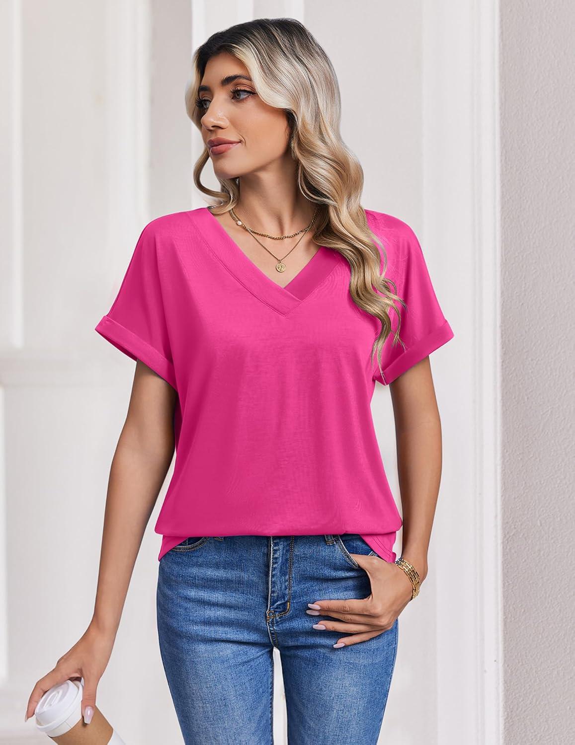imageZeagoo Womens Summer Tops Rolled Short Sleeve V Neck Shirts Casual Dressy Business Work Blouses Outfits1hot Pink