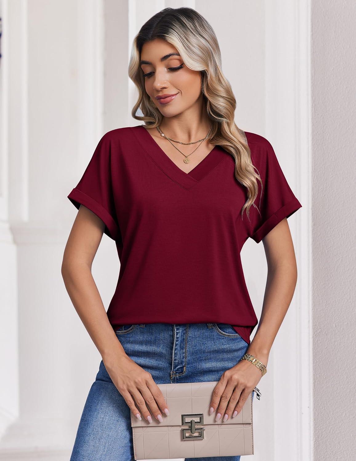 imageZeagoo Womens Summer Tops Rolled Short Sleeve V Neck Shirts Casual Dressy Business Work Blouses Outfits1wine Red2