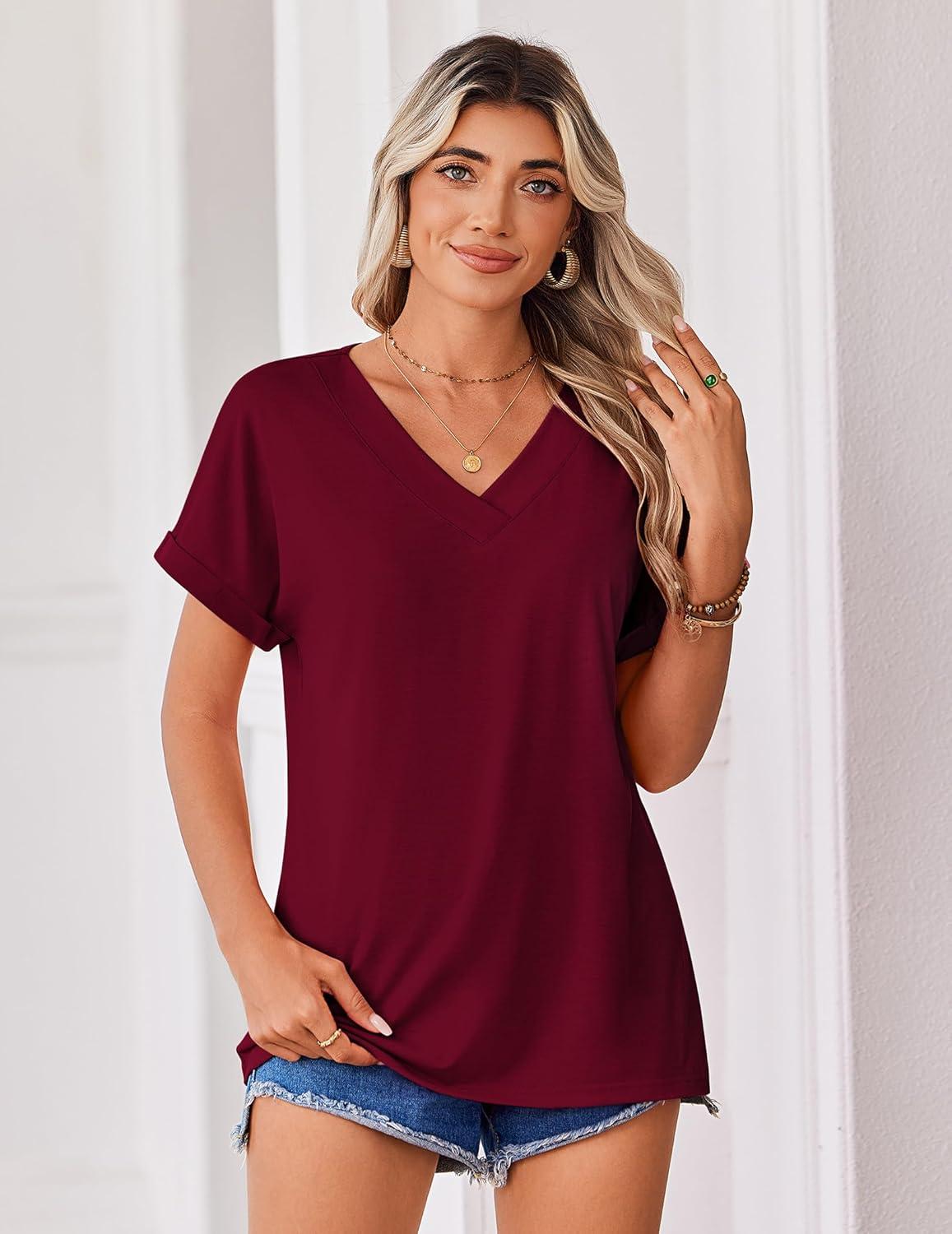 imageZeagoo Womens Summer Tops Rolled Short Sleeve V Neck Shirts Casual Dressy Business Work Blouses Outfits1wine Red2