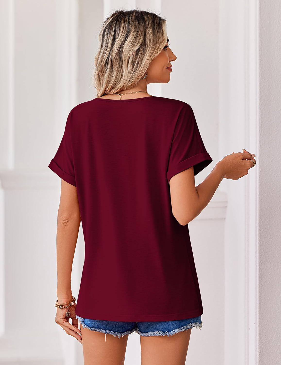imageZeagoo Womens Summer Tops Rolled Short Sleeve V Neck Shirts Casual Dressy Business Work Blouses Outfits1wine Red2