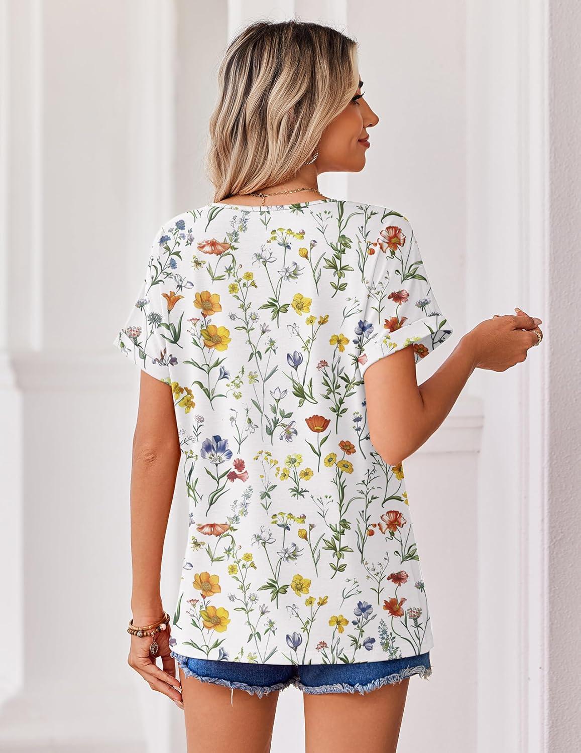 imageZeagoo Womens Summer Tops Rolled Short Sleeve V Neck Shirts Casual Dressy Business Work Blouses OutfitsBeige Flowerxh403