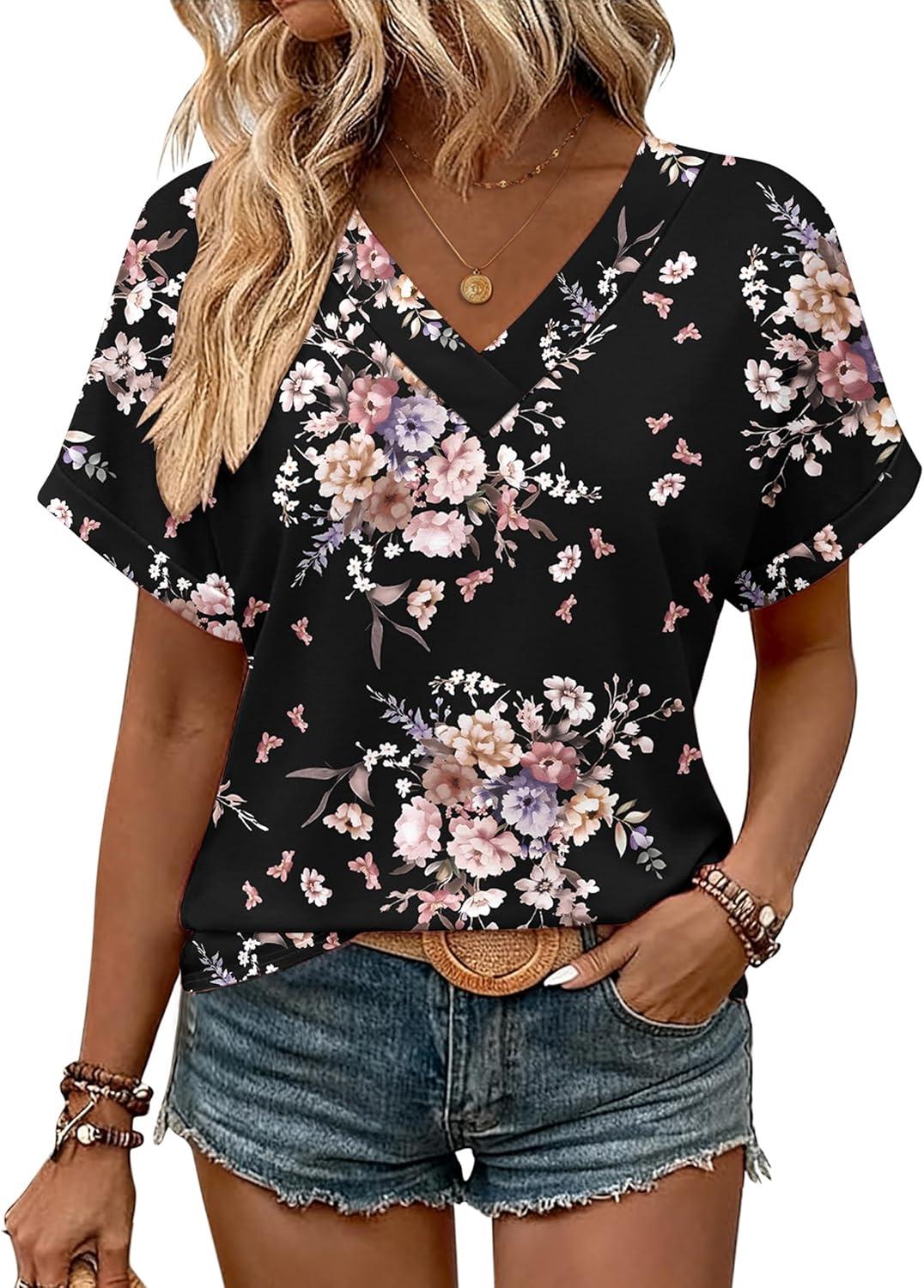 imageZeagoo Womens Summer Tops Rolled Short Sleeve V Neck Shirts Casual Dressy Business Work Blouses OutfitsBlack Flowerbf332