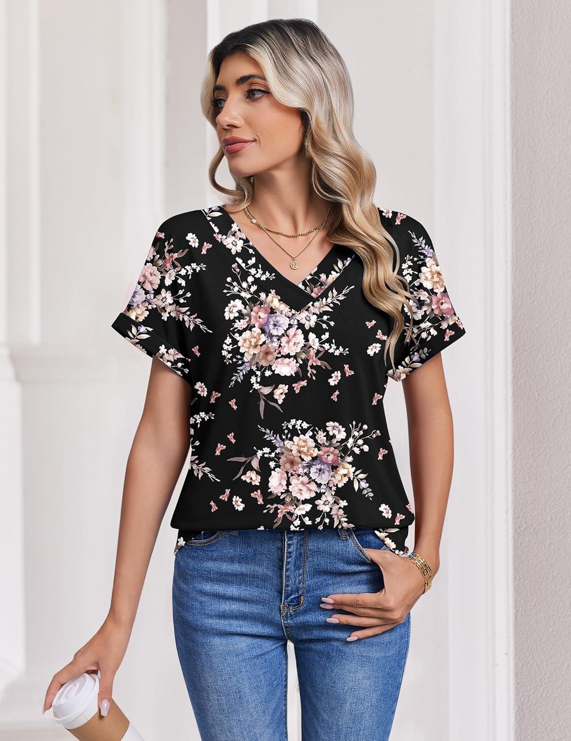 imageZeagoo Womens Summer Tops Rolled Short Sleeve V Neck Shirts Casual Dressy Business Work Blouses OutfitsBlack Flowerbf332