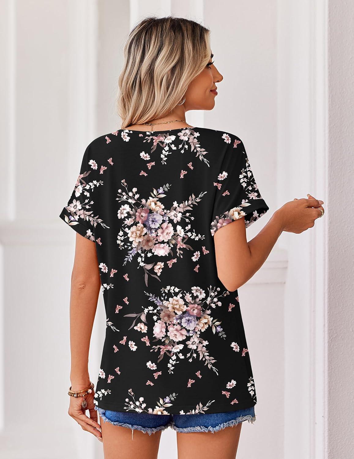 imageZeagoo Womens Summer Tops Rolled Short Sleeve V Neck Shirts Casual Dressy Business Work Blouses OutfitsBlack Flowerbf332