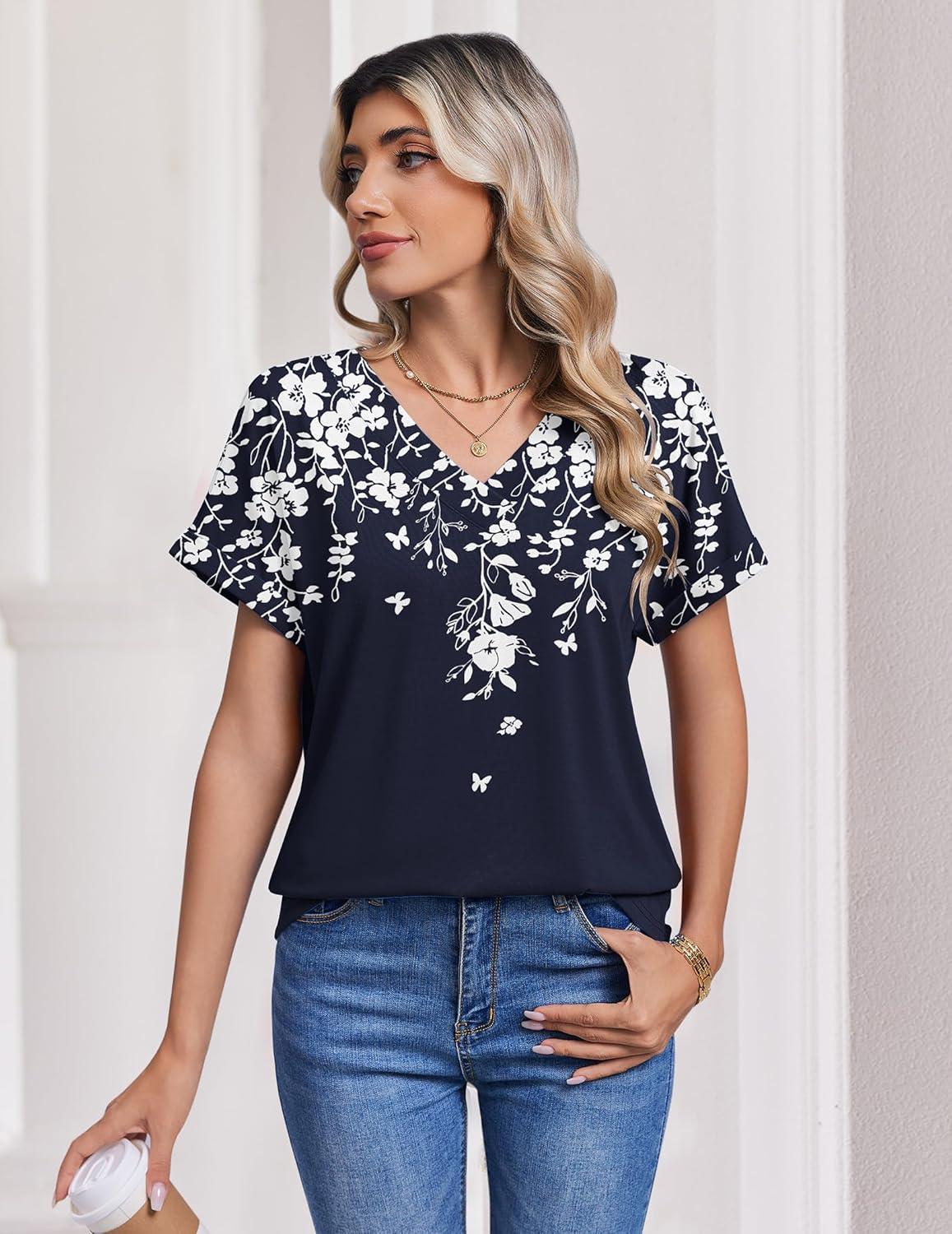 imageZeagoo Womens Summer Tops Rolled Short Sleeve V Neck Shirts Casual Dressy Business Work Blouses OutfitsBlue Flowersf103