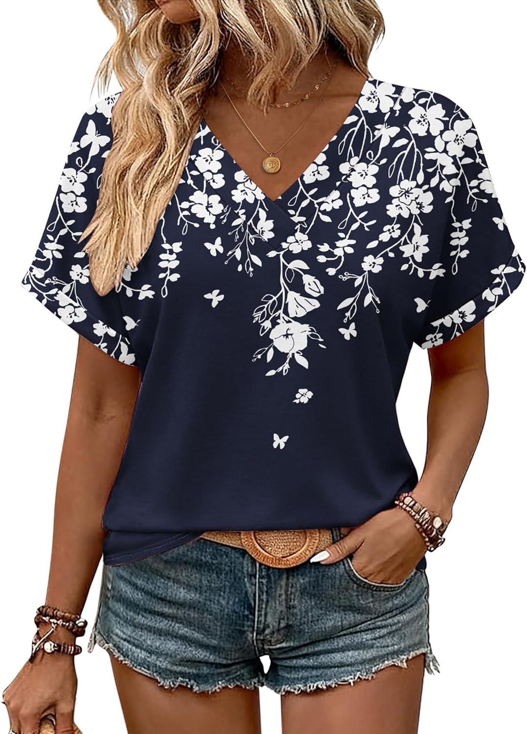 imageZeagoo Womens Summer Tops Rolled Short Sleeve V Neck Shirts Casual Dressy Business Work Blouses OutfitsBlue Flowersf103
