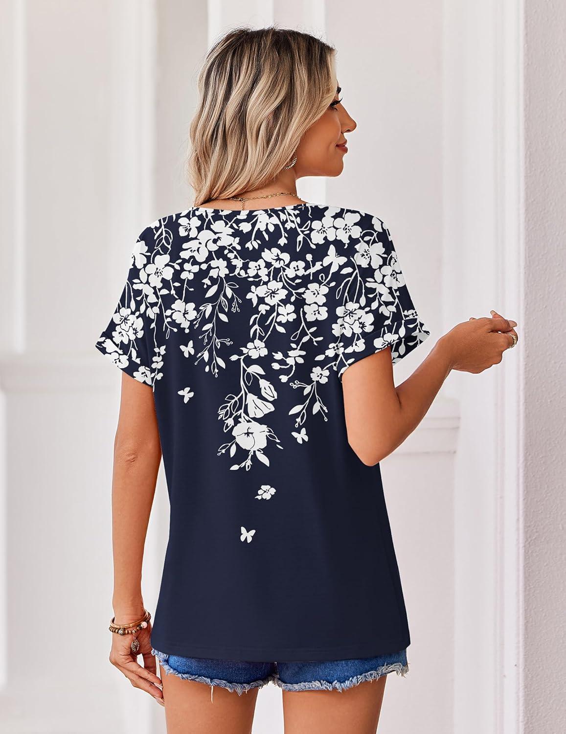 imageZeagoo Womens Summer Tops Rolled Short Sleeve V Neck Shirts Casual Dressy Business Work Blouses OutfitsBlue Flowersf103